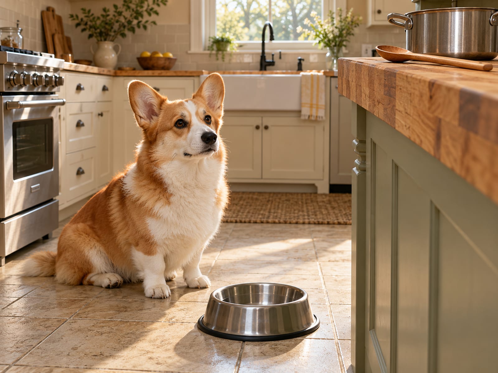 Pembroke Welsh corgi sitting on a tile kitchen floor near a plain steel food bowl, a wooden spoon and an empty pot on the counter