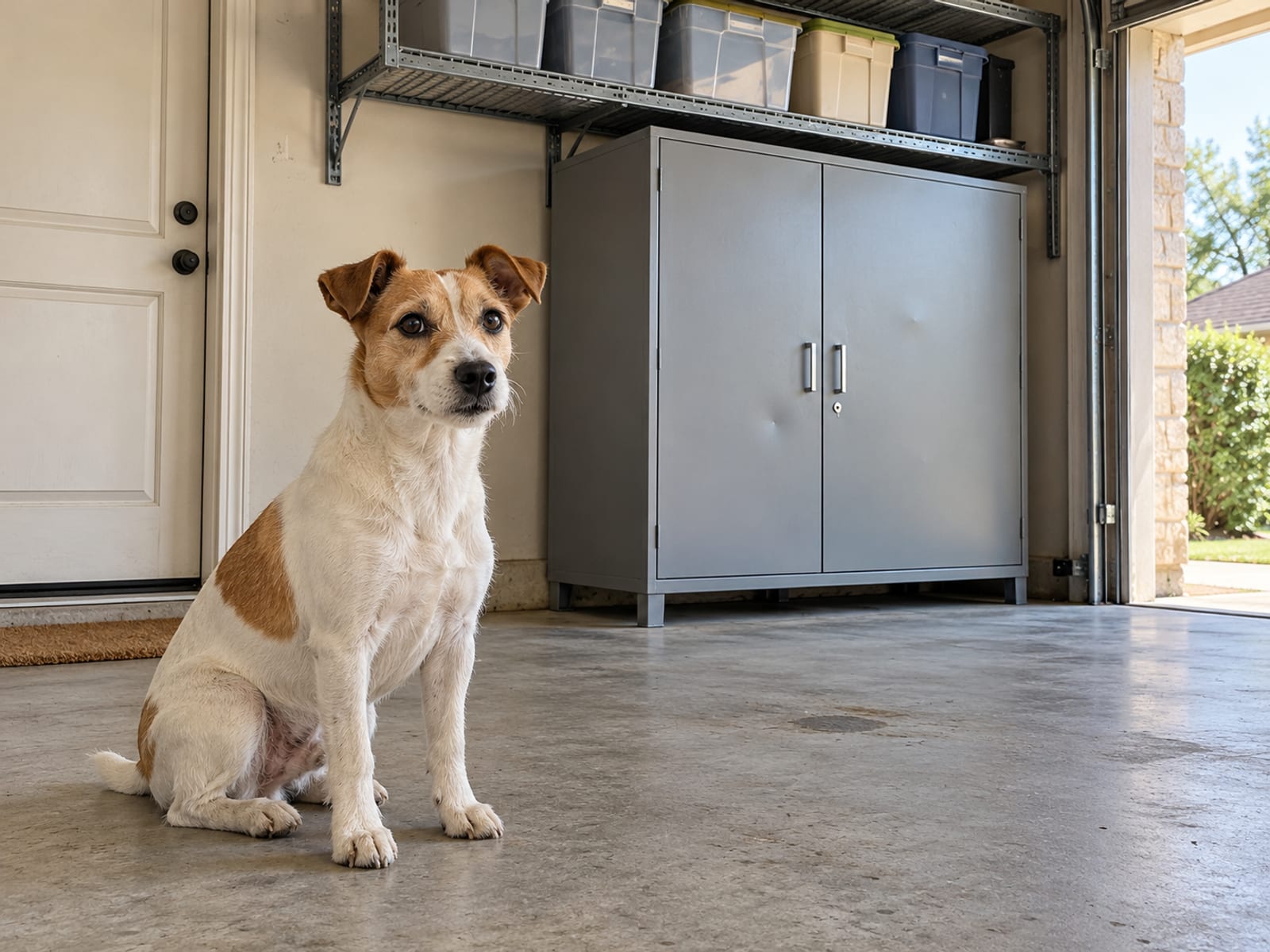 Jack Russell mix sitting by the door of a tidy garage with a closed metal cabinet and a high shelf of sealed plain containers