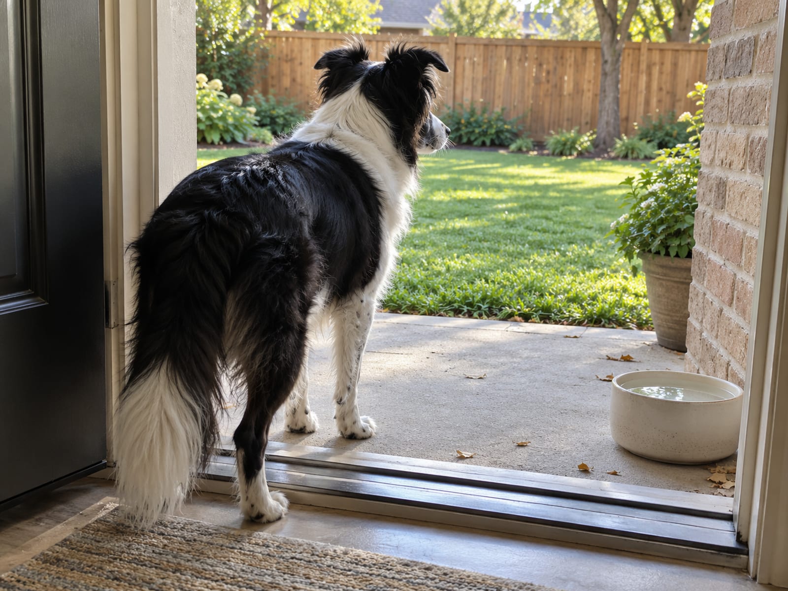 Black and white border collie mix standing at an open back door looking out at a lawn, a full ceramic water bowl on the porch beside it