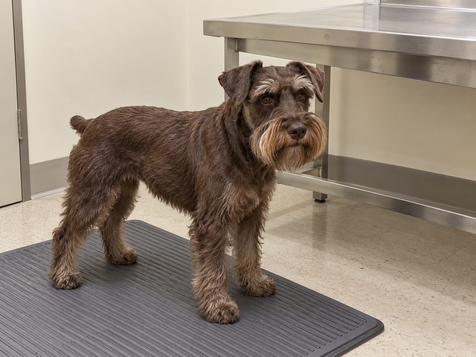 Brown miniature schnauzer standing on a nonslip mat beside an empty steel exam table in a quiet veterinary exam room