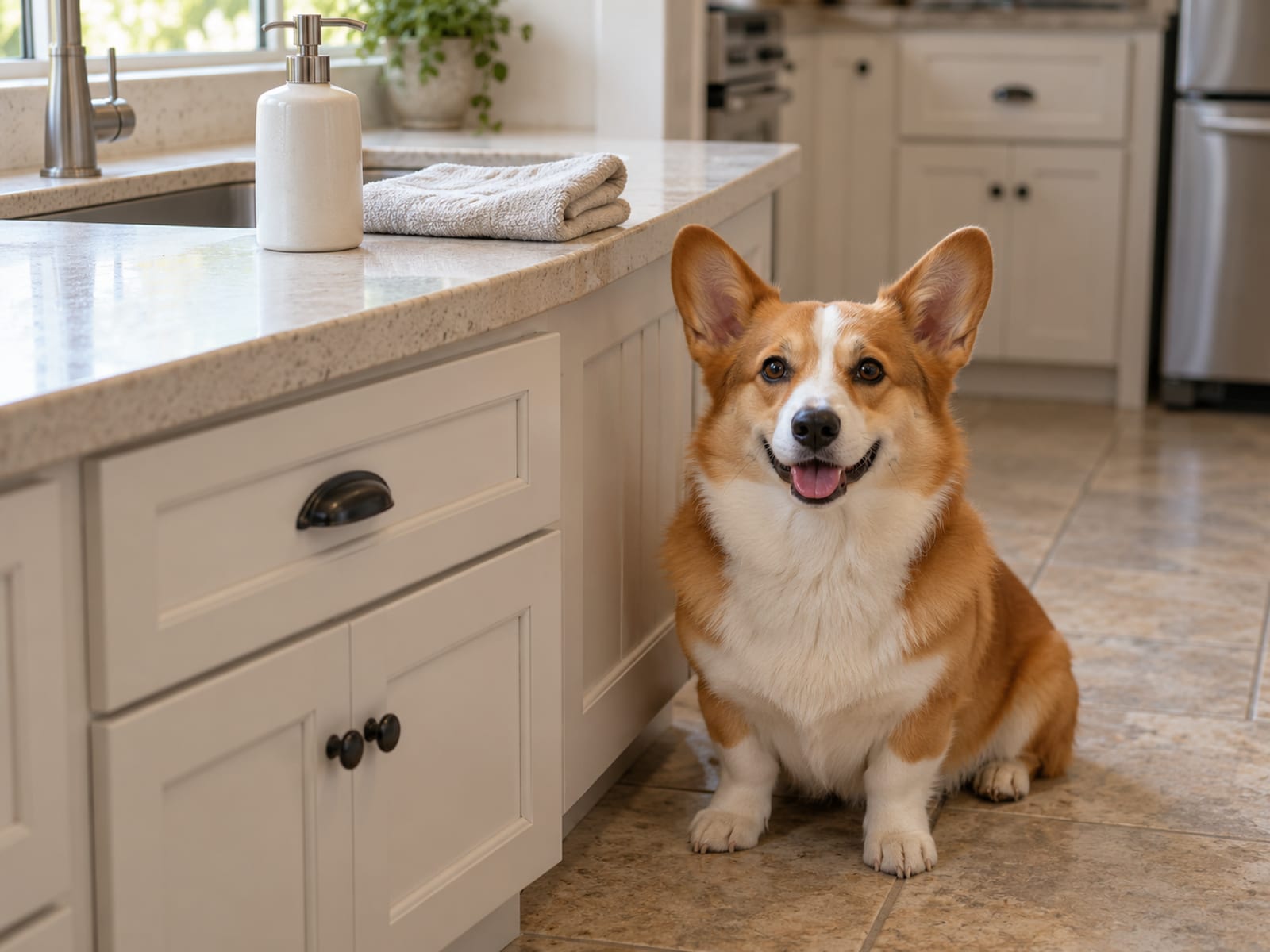 Pembroke Welsh corgi sitting on a tile kitchen floor beside a clean counter with a plain soap dispenser and folded towel