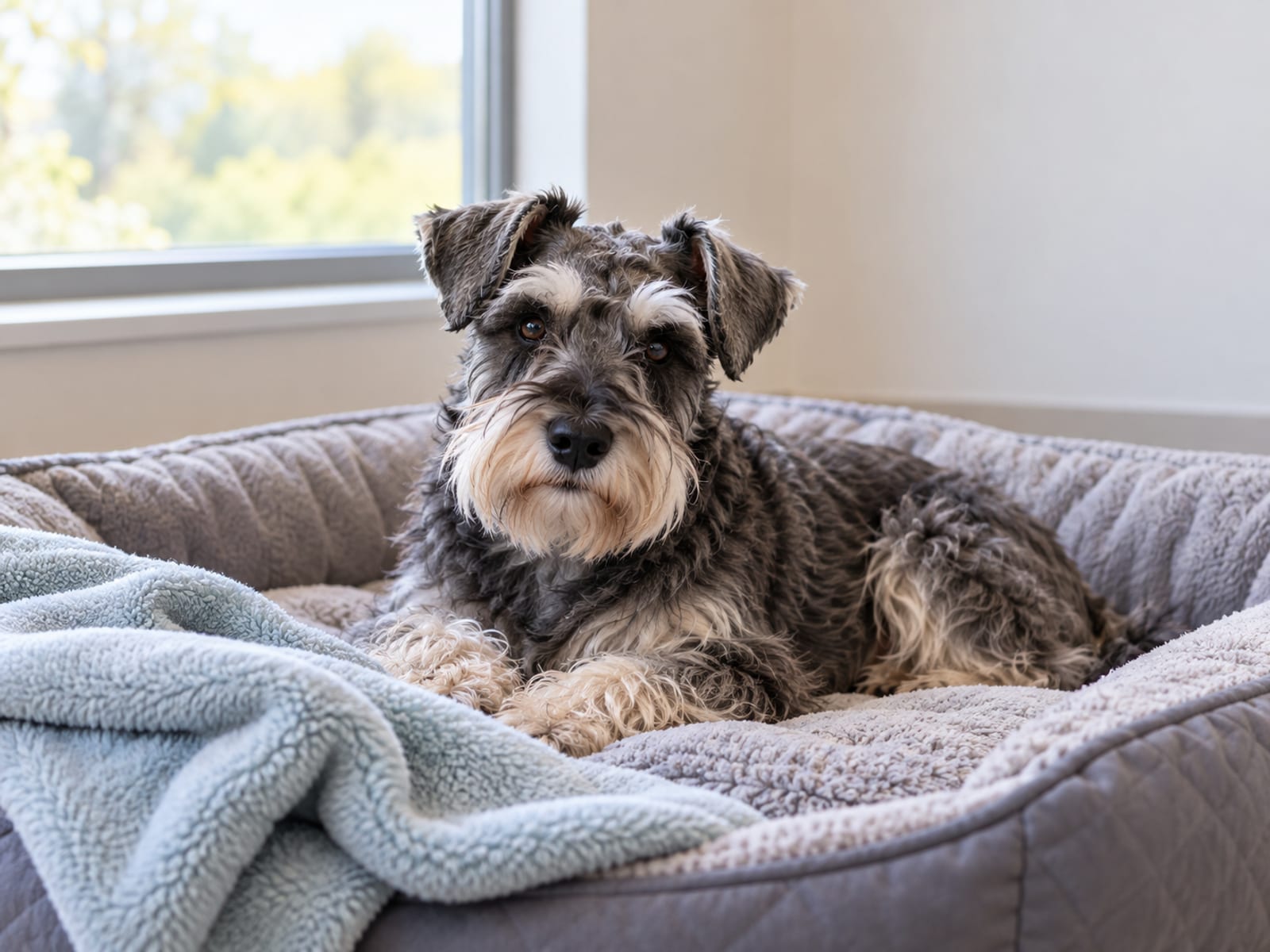 Miniature schnauzer lying calmly on a padded dog bed with a soft blanket by a window in a quiet room