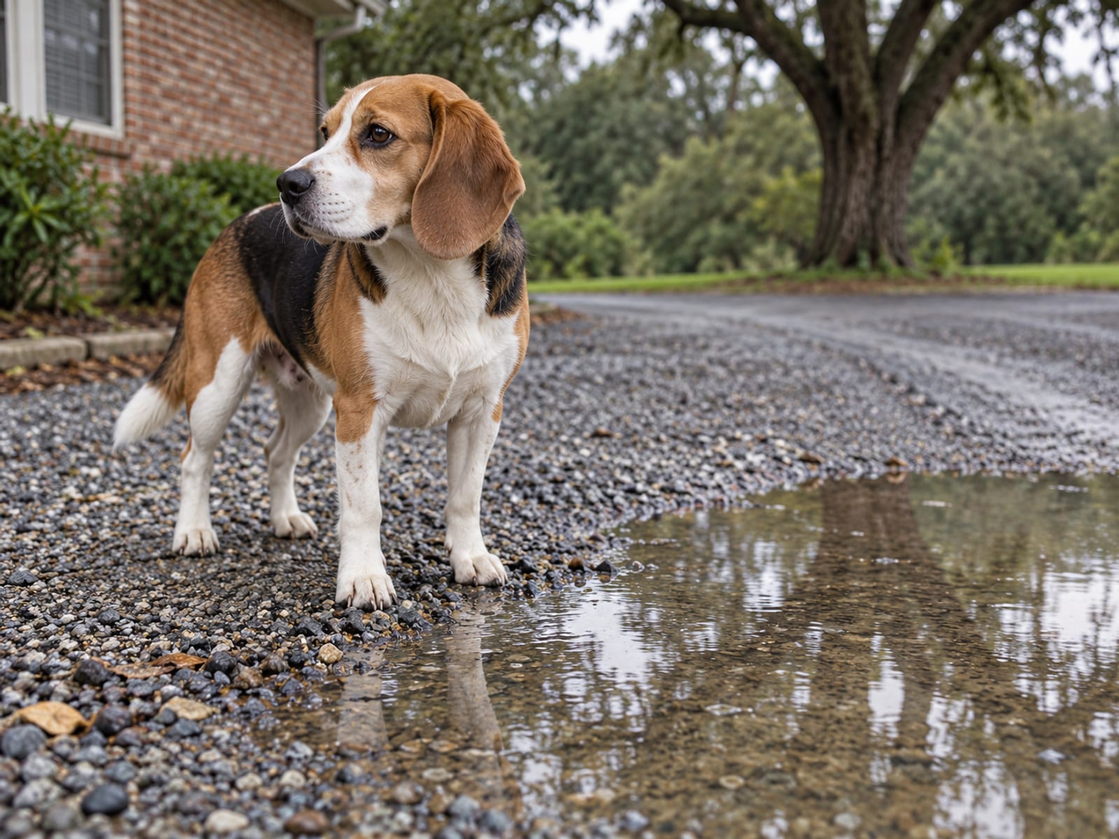 Beagle standing on a gravel driveway beside a shallow rain puddle, looking away from the water