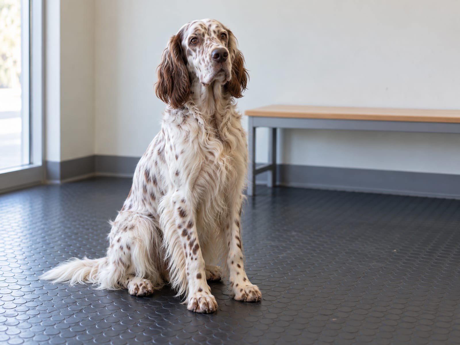 English setter sitting calmly on a rubber mat in an empty veterinary waiting room with a bare bench