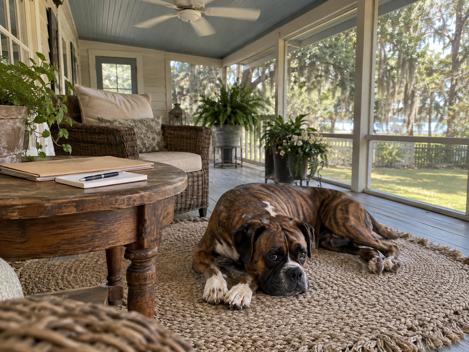 Brindle boxer lying on a clean porch rug beside a small wooden table with a closed plain folder and a blank notepad, a ceiling fan above