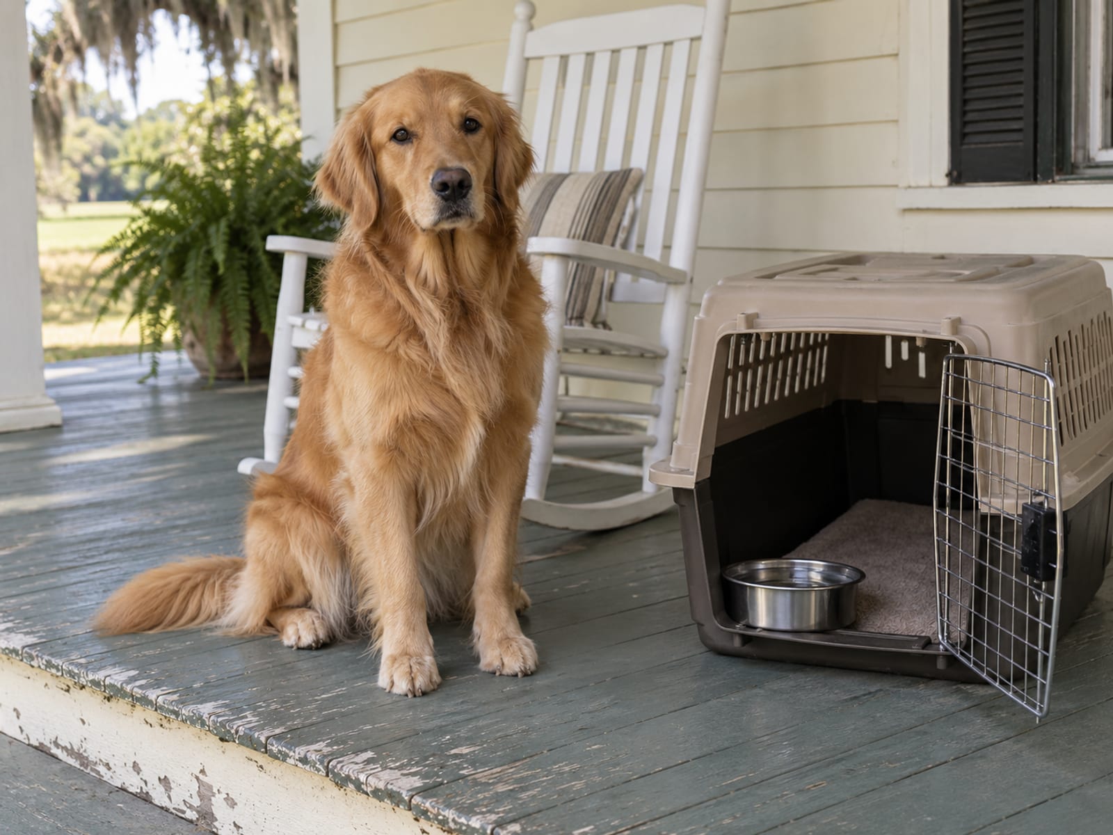 Golden retriever sitting on a swept wooden porch beside an open plain travel crate and a water bowl, a rocking chair behind