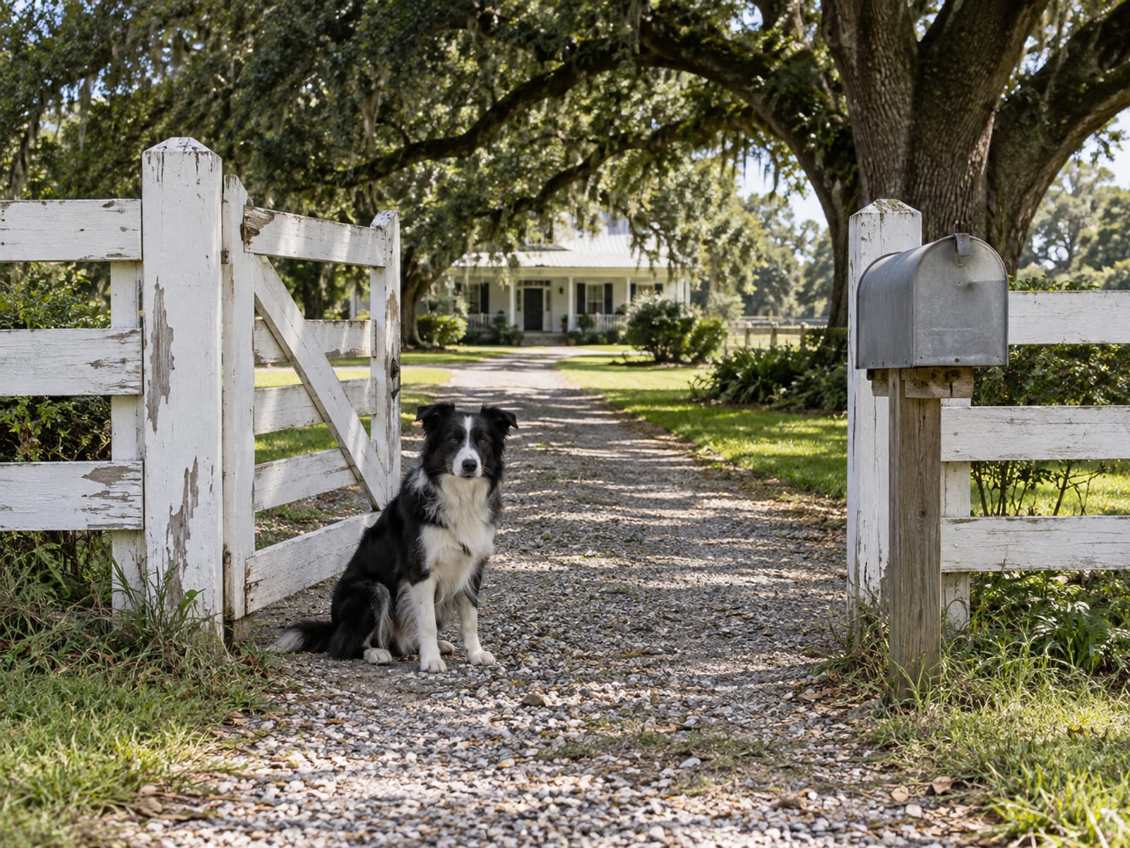 Black and white Border collie sitting at the open gate of a tidy fenced yard beside a plain unmarked mailbox post, a live oak shading the drive