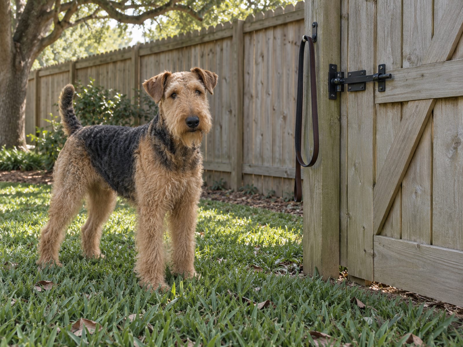Airedale terrier standing calmly beside a closed latched wooden gate in a fenced backyard, a slack leash hanging from the gatepost