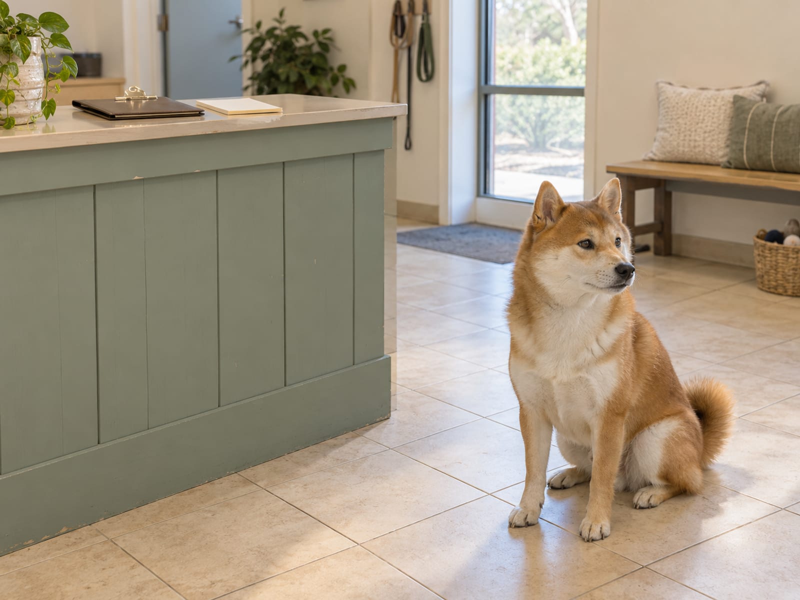Shiba Inu sitting on a tiled floor beside a low front desk counter in a daycare entry hall, a closed clipboard and blank notepad on top