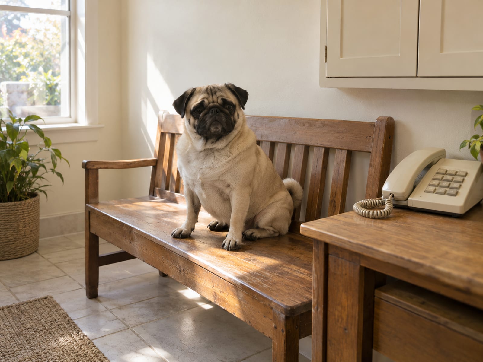 Fawn pug sitting on a sunny bench in a small dog daycare entry hall beside a closed wall cabinet and a corded desk phone