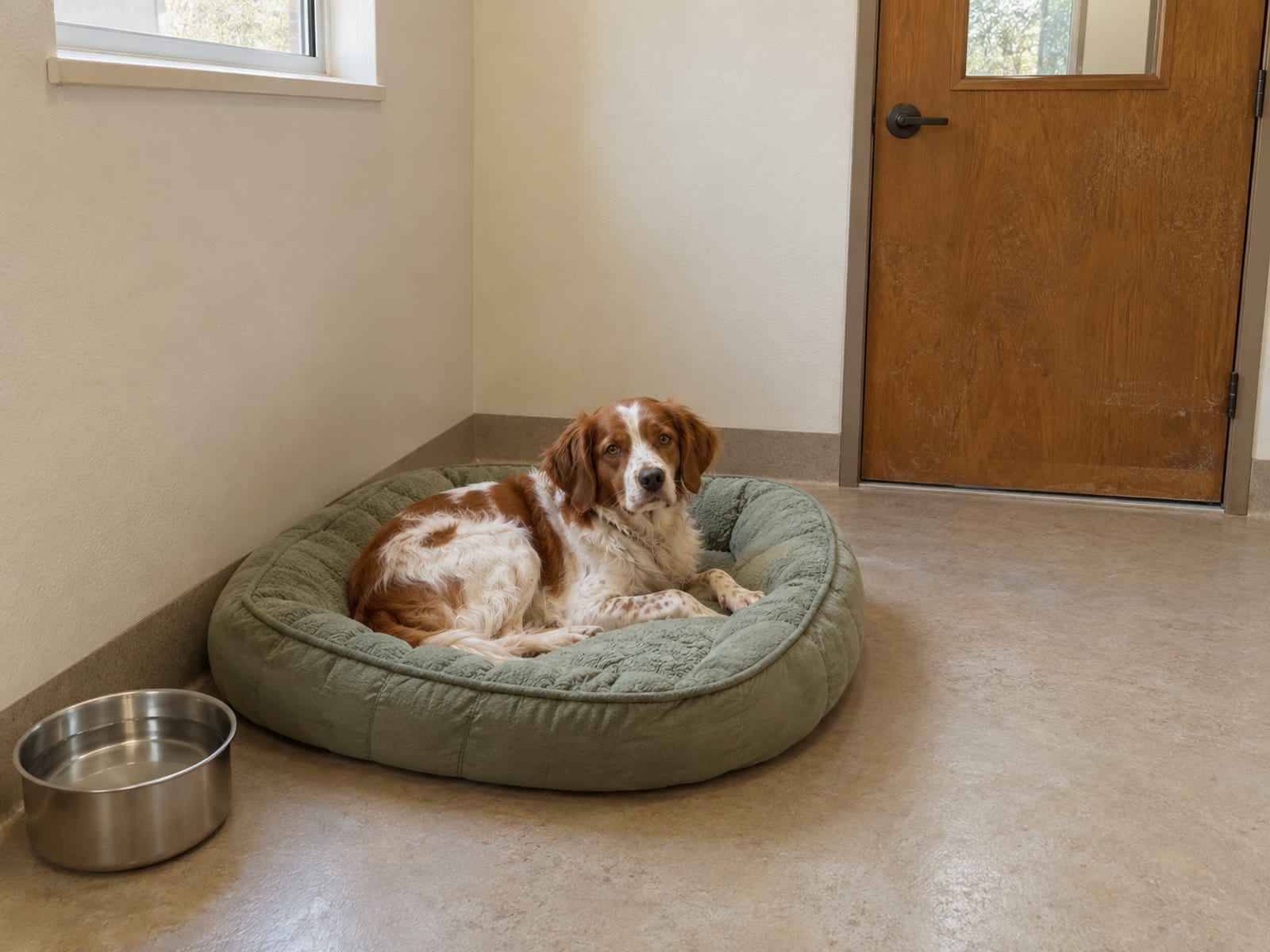Brittany spaniel resting on a thick bed in a clean quiet single kennel room with a closed door and a full water bowl