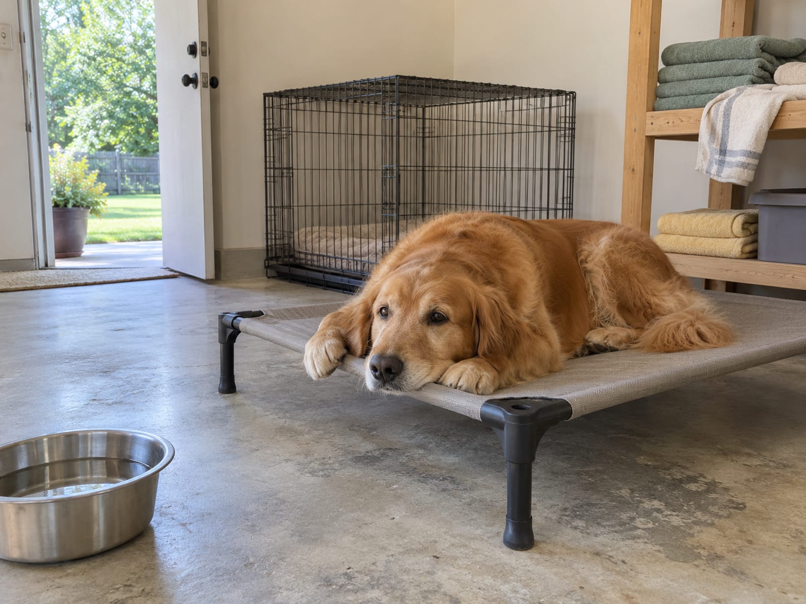 Golden retriever resting on a raised cot in a tidy converted garage room beside a closed wire crate and a full water bowl