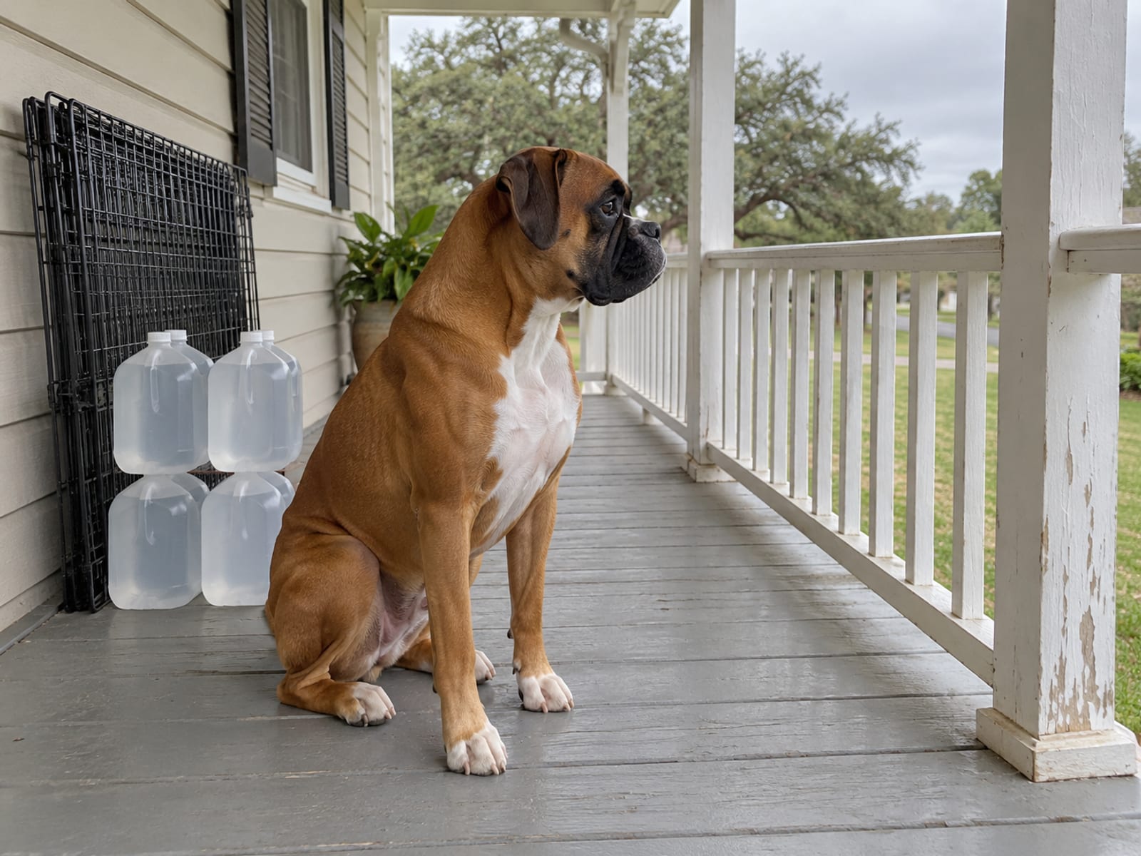 Fawn boxer sitting on a covered porch beside a folded closed crate and a stack of plain water jugs, grey sky beyond the rail