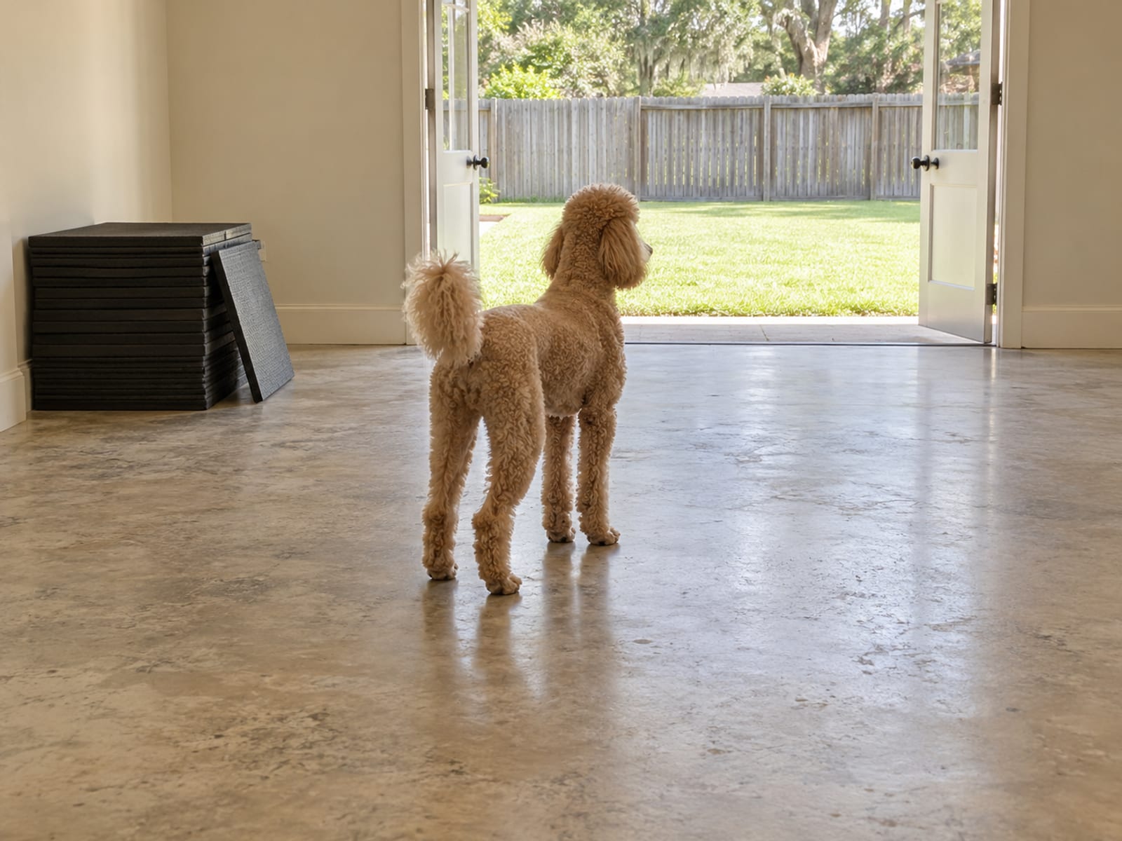 Standard poodle standing on a clean dry concrete floor in an empty daycare play room, doors open to a bright fenced yard