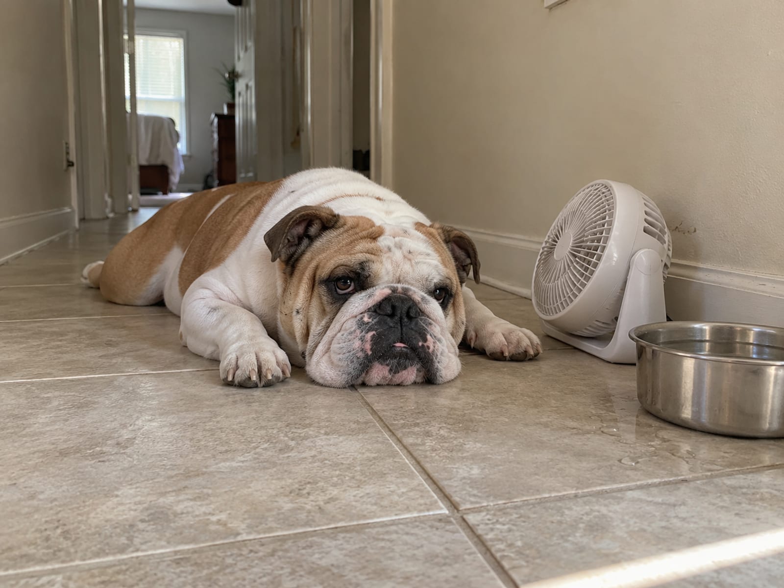 English bulldog lying on cool tile in a shaded hallway beside a plain battery fan and a full steel water bowl