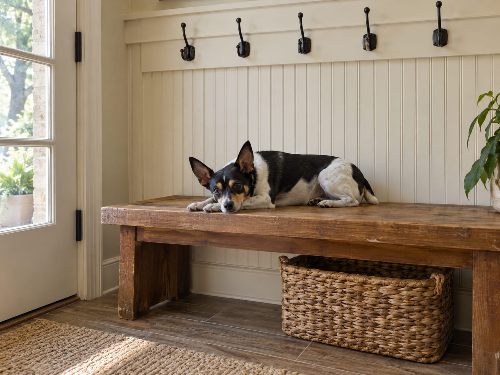 Rat terrier lying on a wooden bench in a tidy mudroom with a row of plain empty hooks on the wall above