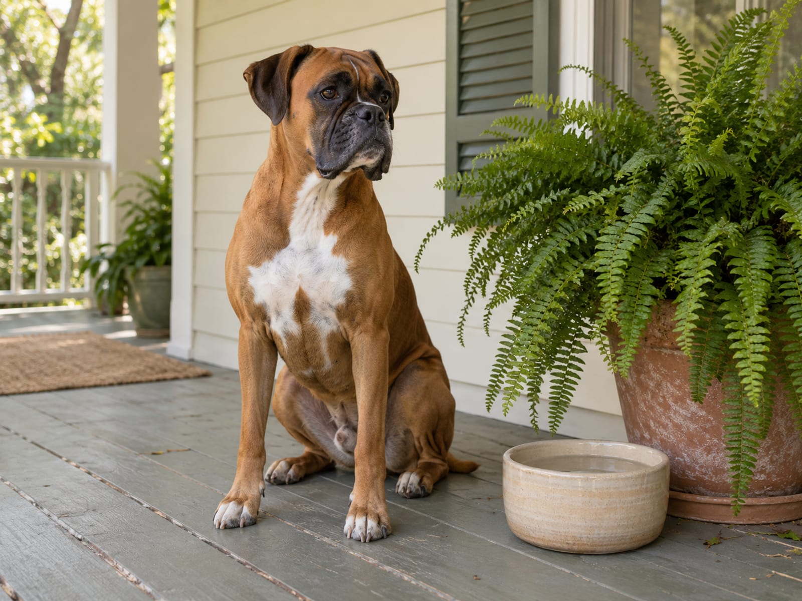 Fawn boxer sitting on a painted wood-plank porch beside a ceramic water bowl and a potted fern in warm shade