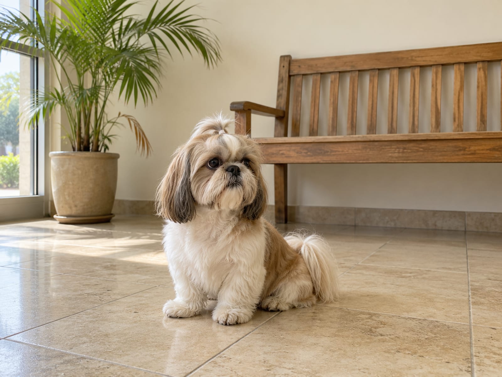 Shih Tzu sitting on the tile floor of a small bright waiting area beside a plain bench and a potted palm