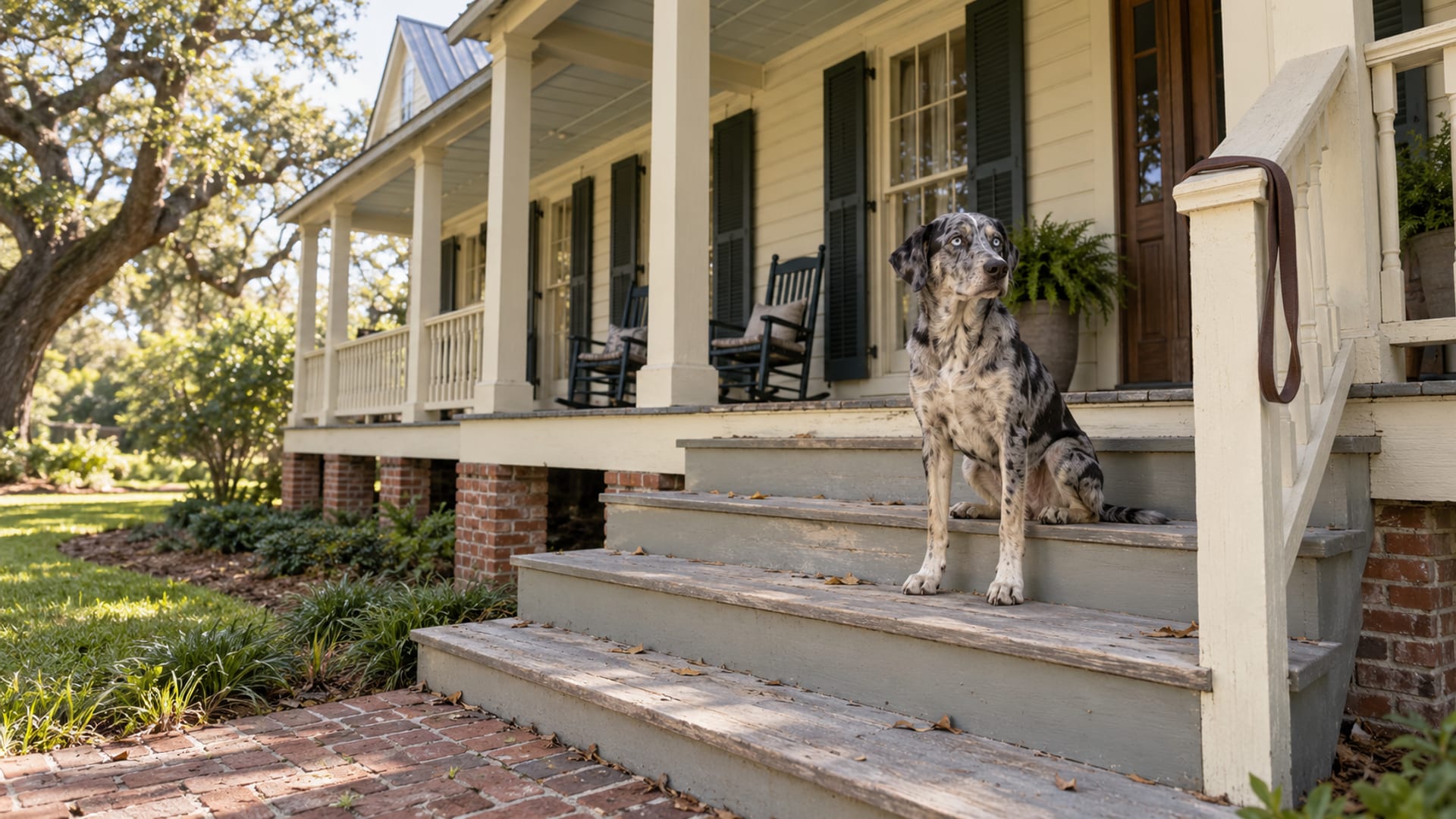 Catahoula leopard dog sitting on the wooden front steps of a raised Acadian-style cottage with a deep porch, a leash looped over the railing