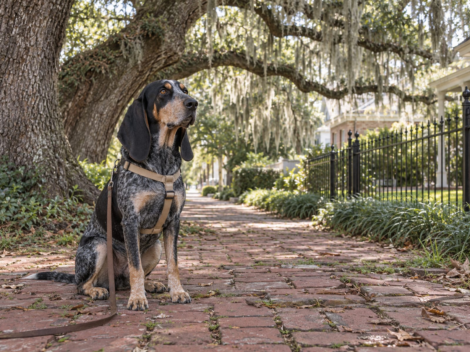 Bluetick coonhound sitting on a shaded brick sidewalk under a live oak hung with Spanish moss, a leash trailing slack from its harness
