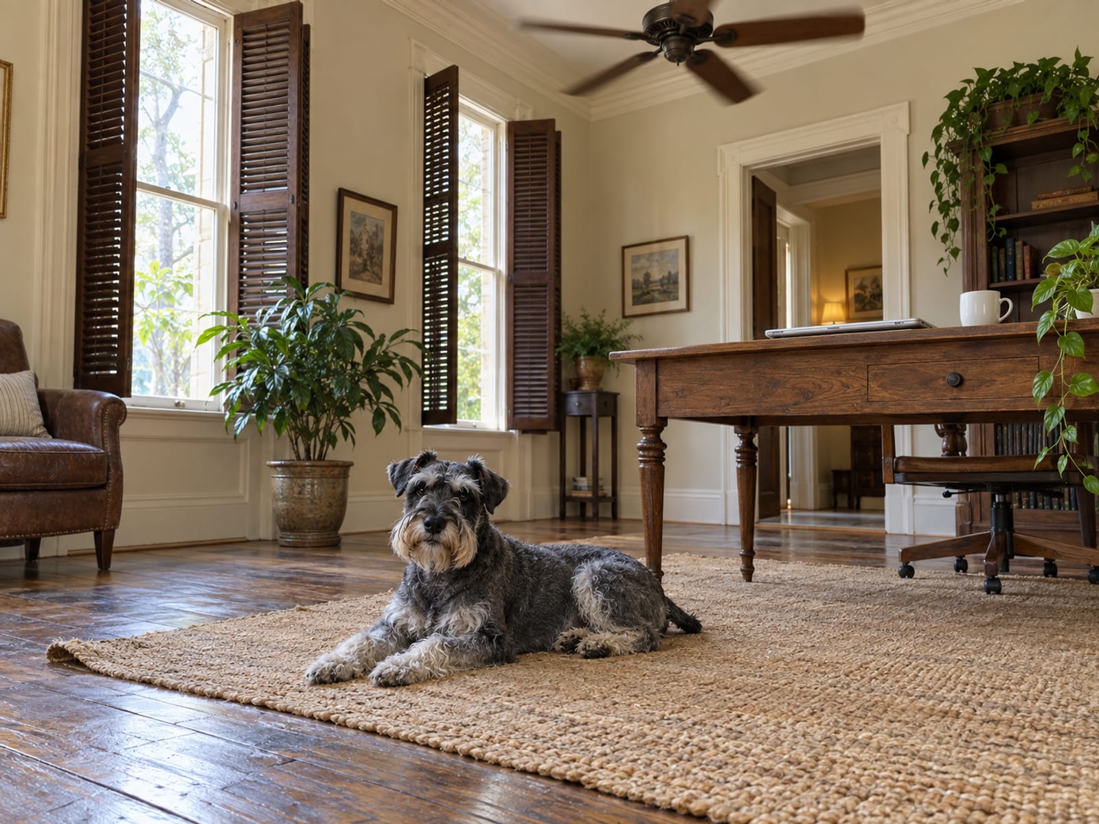 Standard schnauzer lying on a woven rug beside a home-office desk with a closed laptop and a plain mug, a tall shuttered window and ceiling fan above
