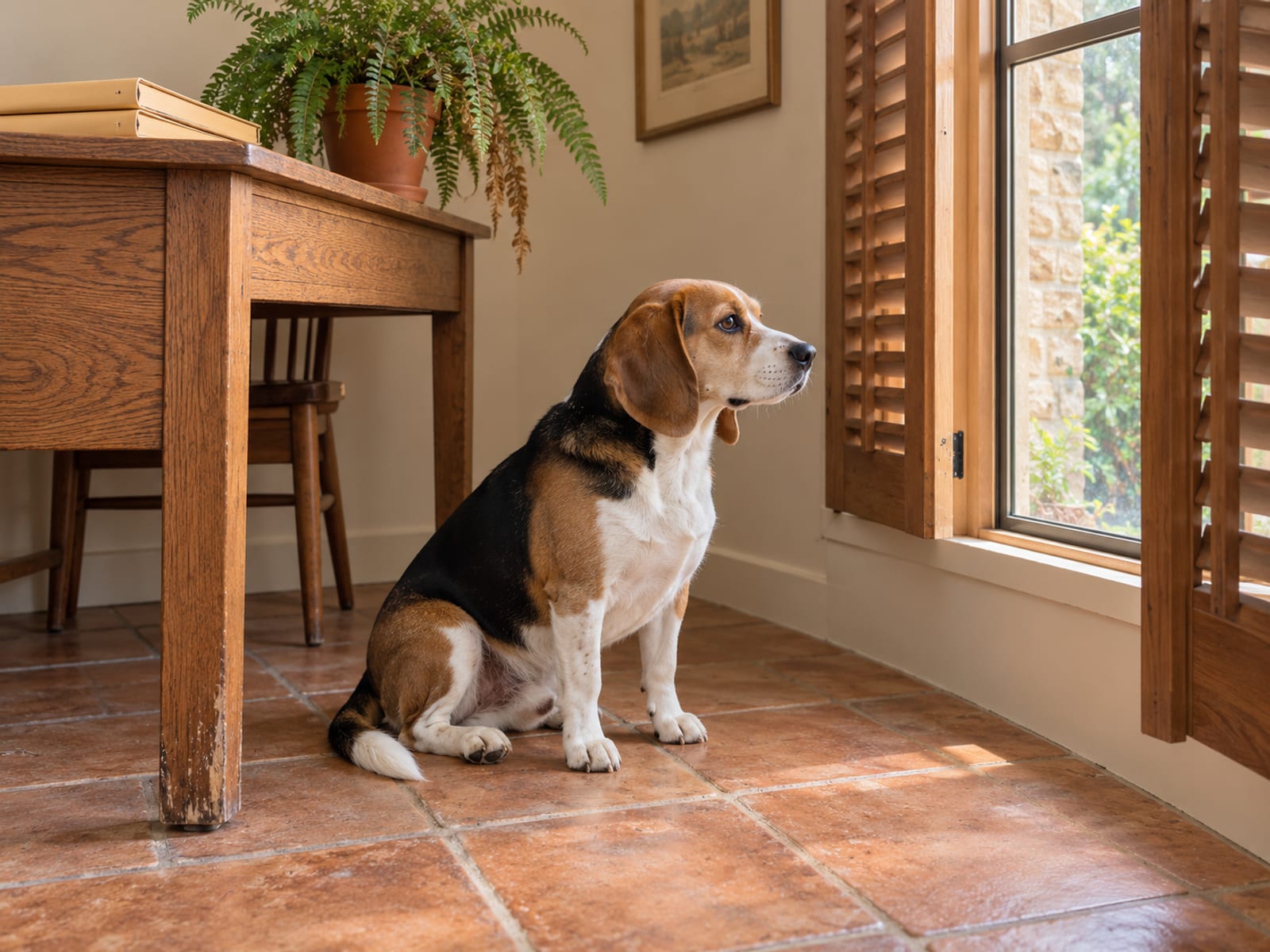 Tricolor beagle sitting on a tile floor beside a plain wooden desk with two closed folders and a potted fern near a shuttered window