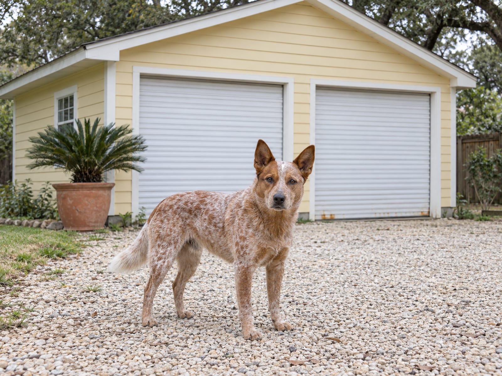 Red heeler standing on a gravel path in front of a small converted garage with two roll-up doors and a potted palm