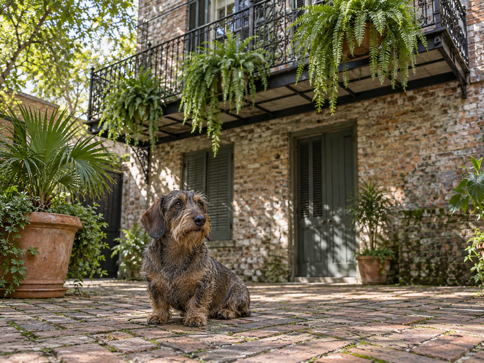 Dachshund de pelo duro sentado en un patio de ladrillo bajo un balcón de hierro forjado adornado con helechos, con una palmera en maceta al lado