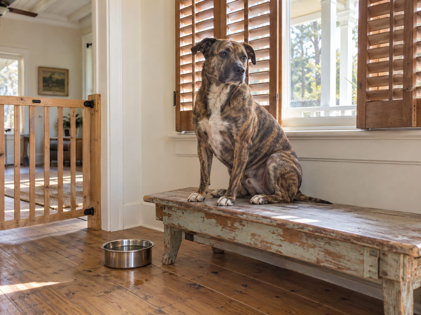 Perro mestizo atigrado sentado en un banco de madera sencillo junto a una puerta baja de madera y un plato de agua de acero en una habitación luminosa