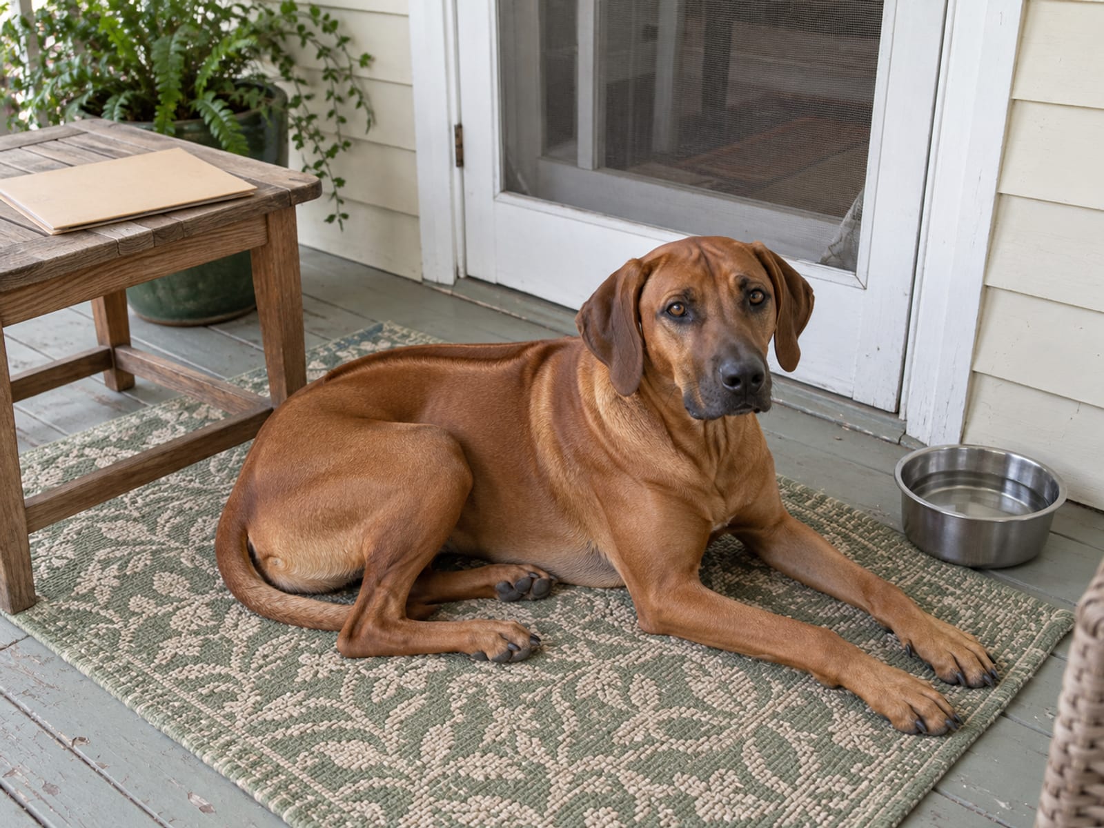 Rhodesian ridgeback recostado sobre una alfombra del porche junto a un plato de agua de acero, con una carpeta sencilla cerrada sobre una mesa baja y una puerta de malla detrás