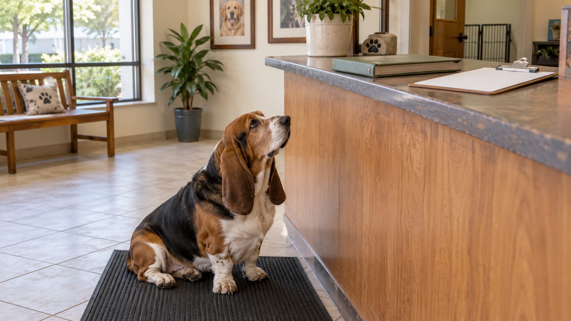 Basset hound sitting on a rubber mat at the check in counter of a tidy boarding lobby, a closed binder and blank clipboard on the counter
