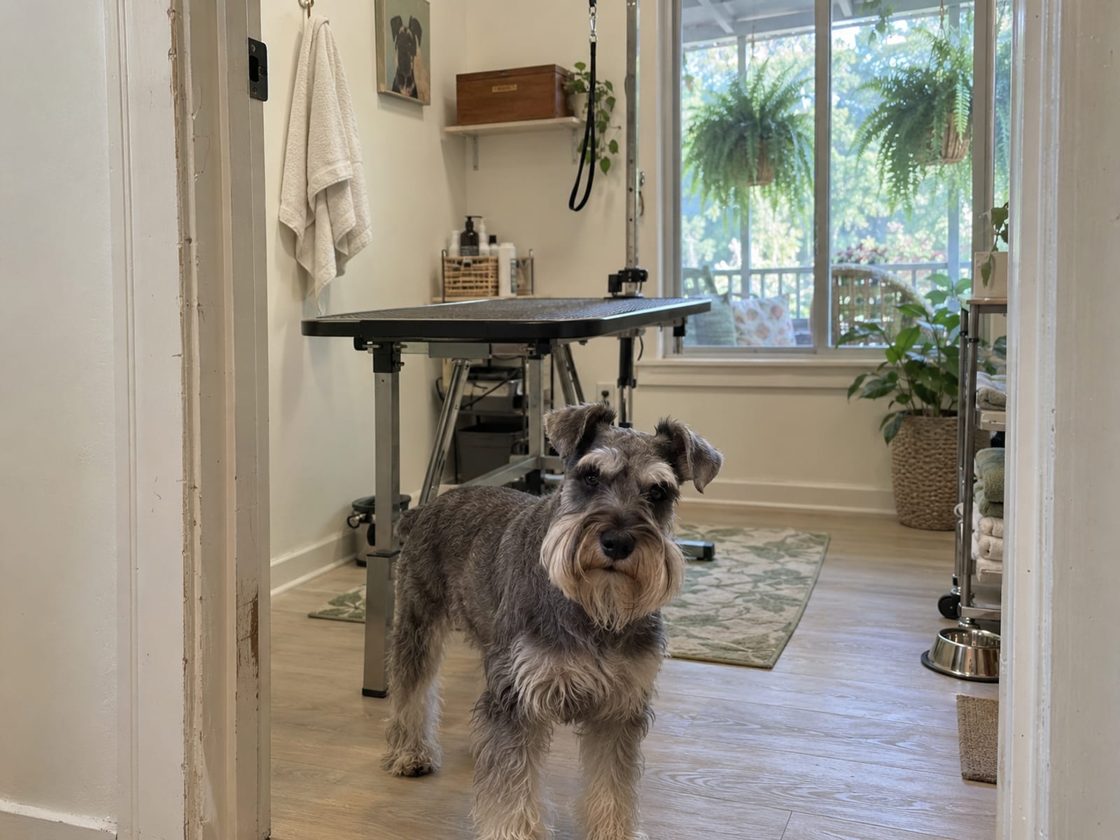 Schnauzer miniatura de pie en la puerta de un pequeño cuarto de peluquería en casa con una mesa de peluquería, una toalla colgada y una caja de archivo cerrada