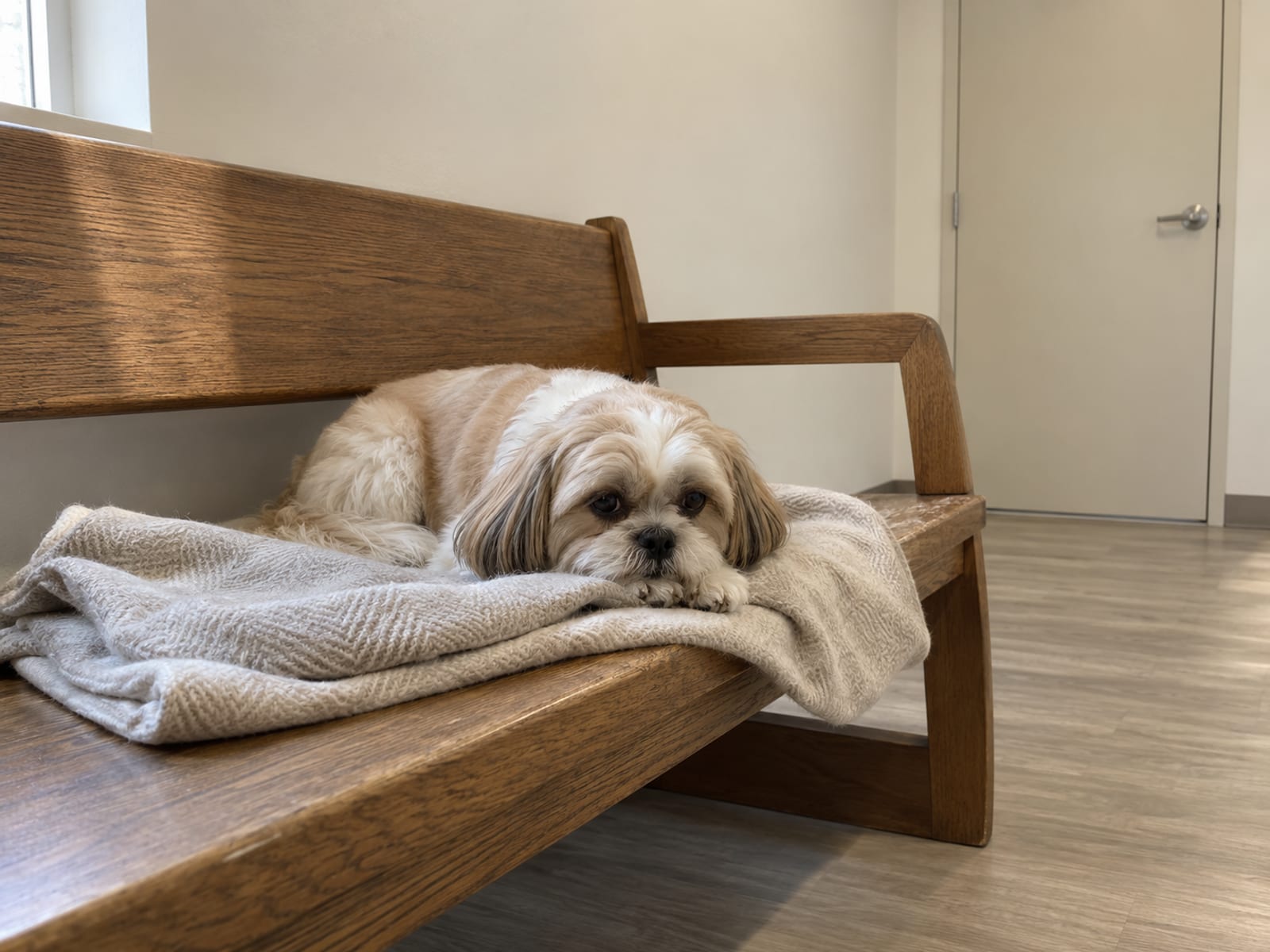 Shih tzu descansando sobre una manta doblada en un banco de madera en una sala de espera tranquila con paredes claras y sin adornos