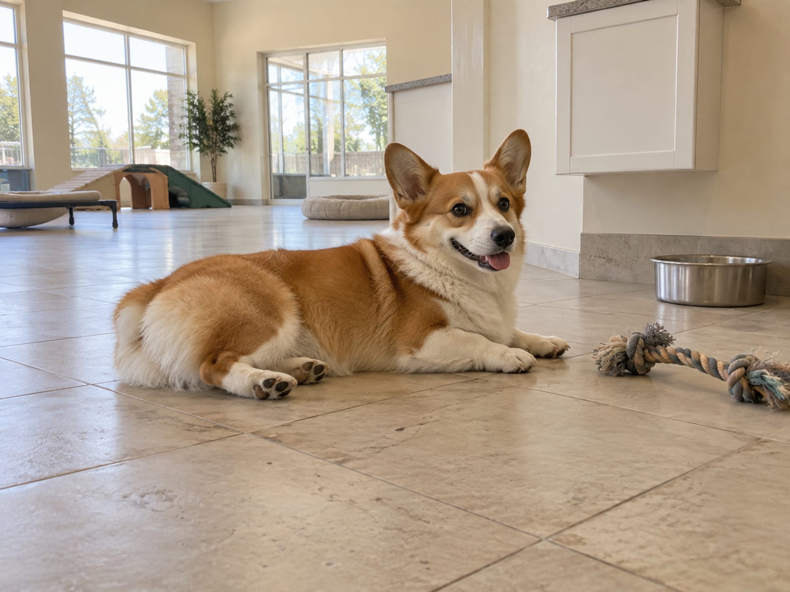 Corgi pembroke galés recostado sobre un piso de baldosas en un área de juegos luminosa de una guardería canina, junto a un gabinete de suministros cerrado, un plato de agua y un juguete de cuerda