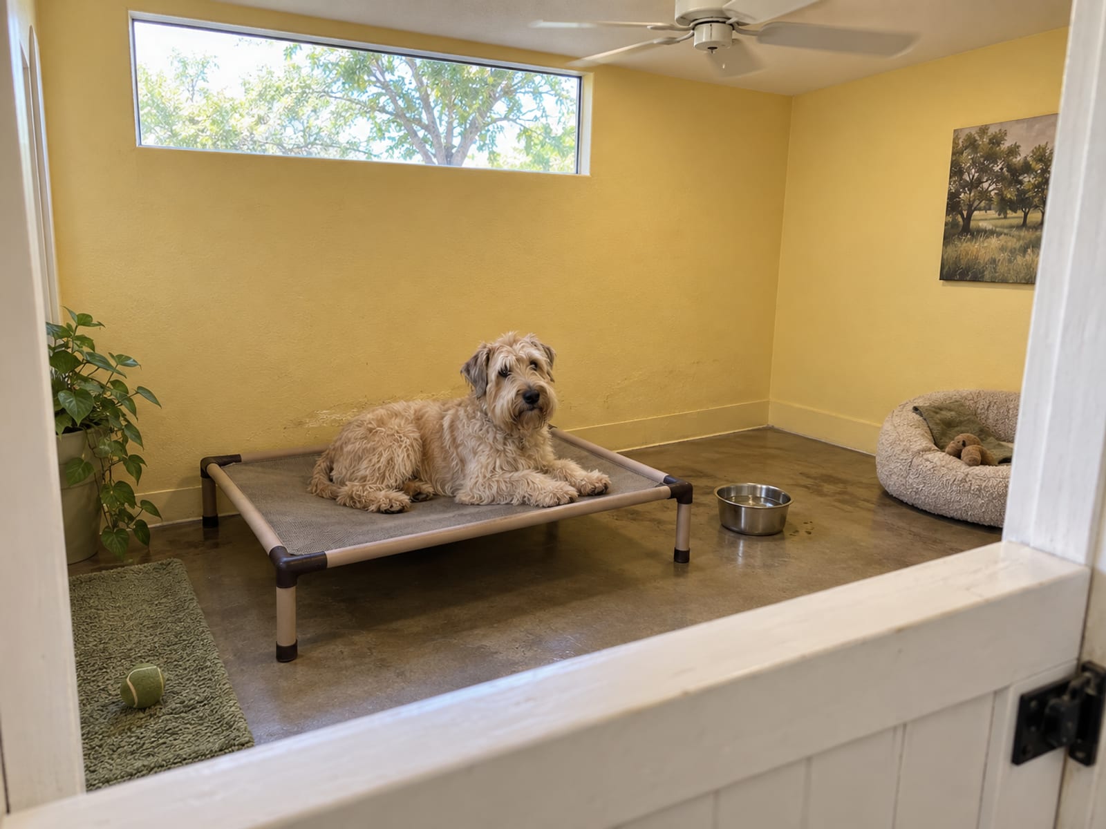 Soft-coated wheaten terrier lying on a raised cot in a clean boarding suite with a half-door, a full water bowl and a ceiling fan above