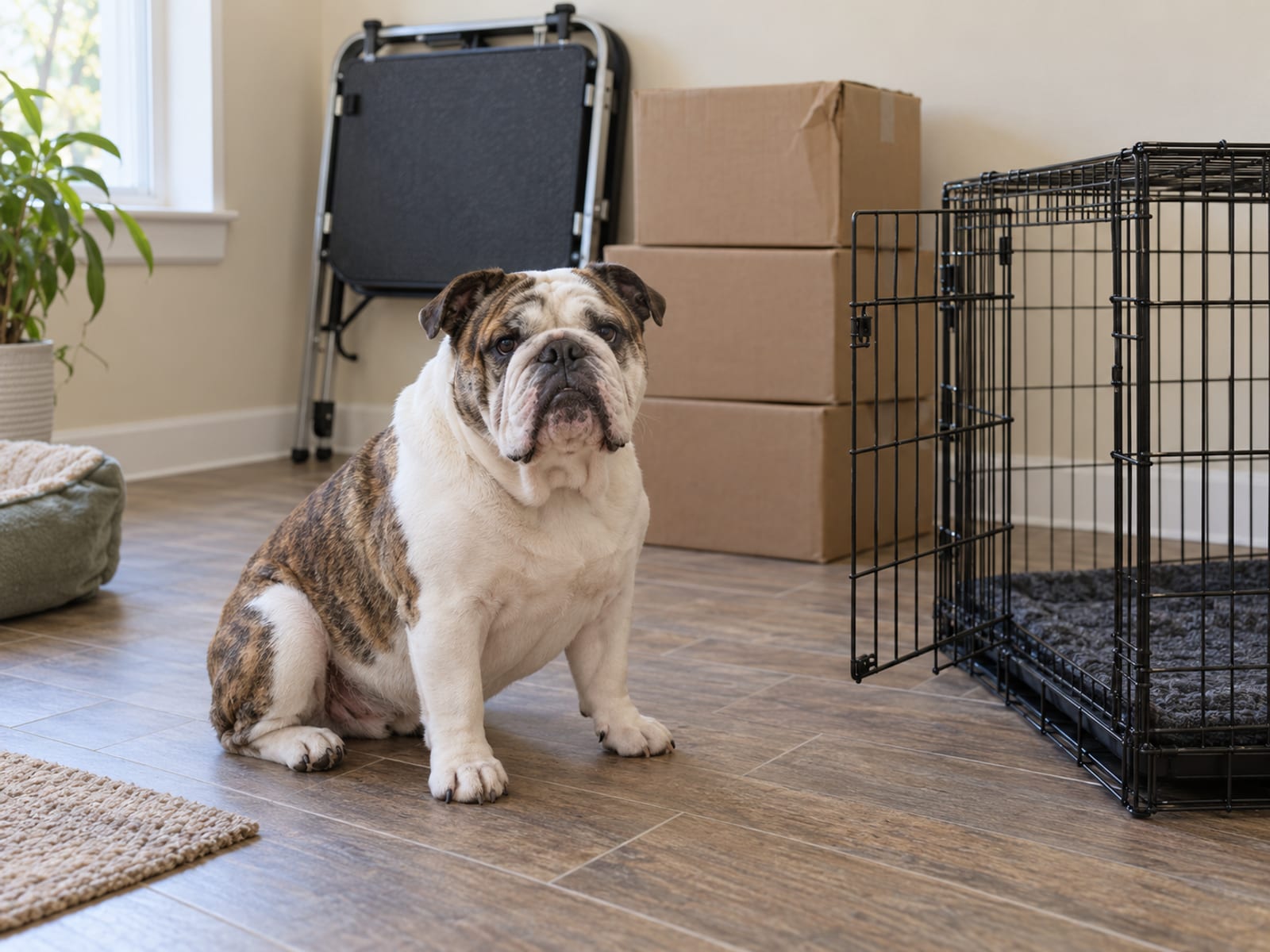 English bulldog sitting in a bright back room beside a new wire crate, a folded grooming table and plain unmarked cardboard boxes