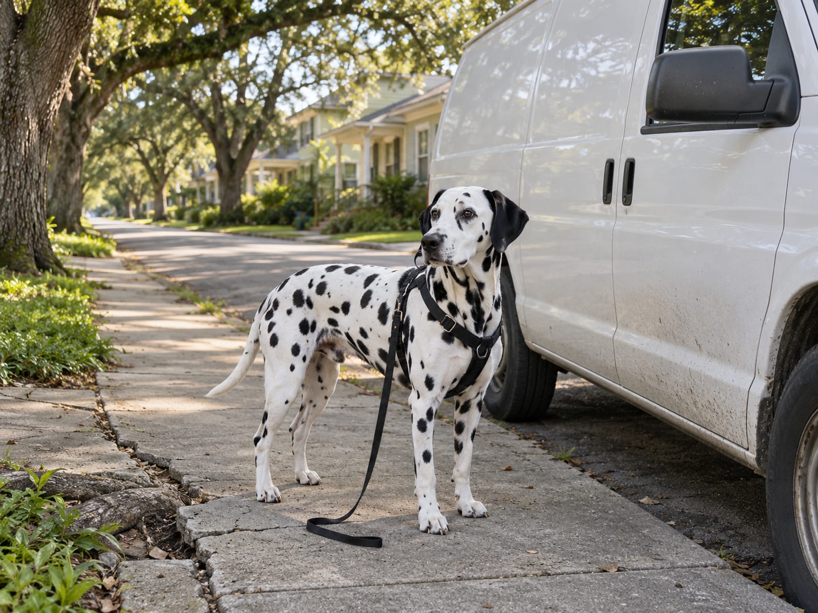 Dalmatian standing beside a plain white unmarked van parked at a curb under a live oak, a leash trailing slack from its harness