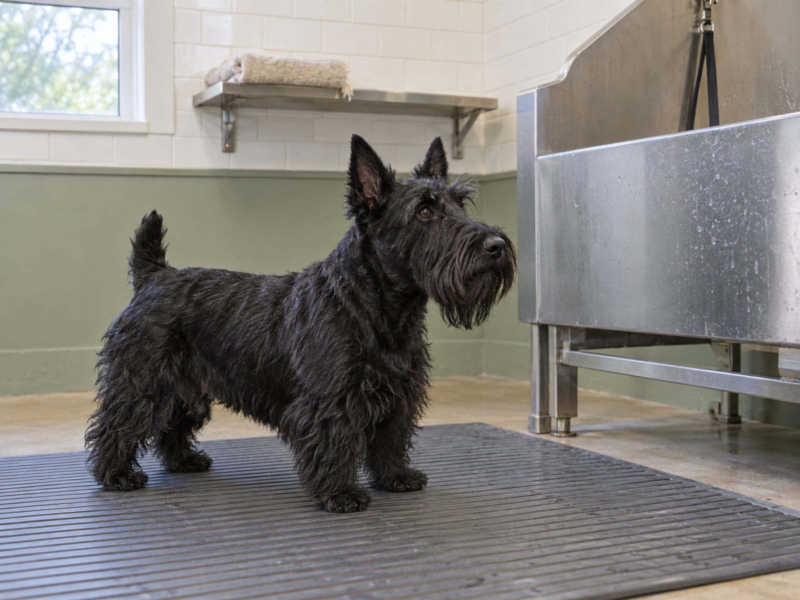 Black Scottish terrier standing on a rubber mat beside a plain stainless steel grooming tub in a bright washing room, a folded towel on a shelf