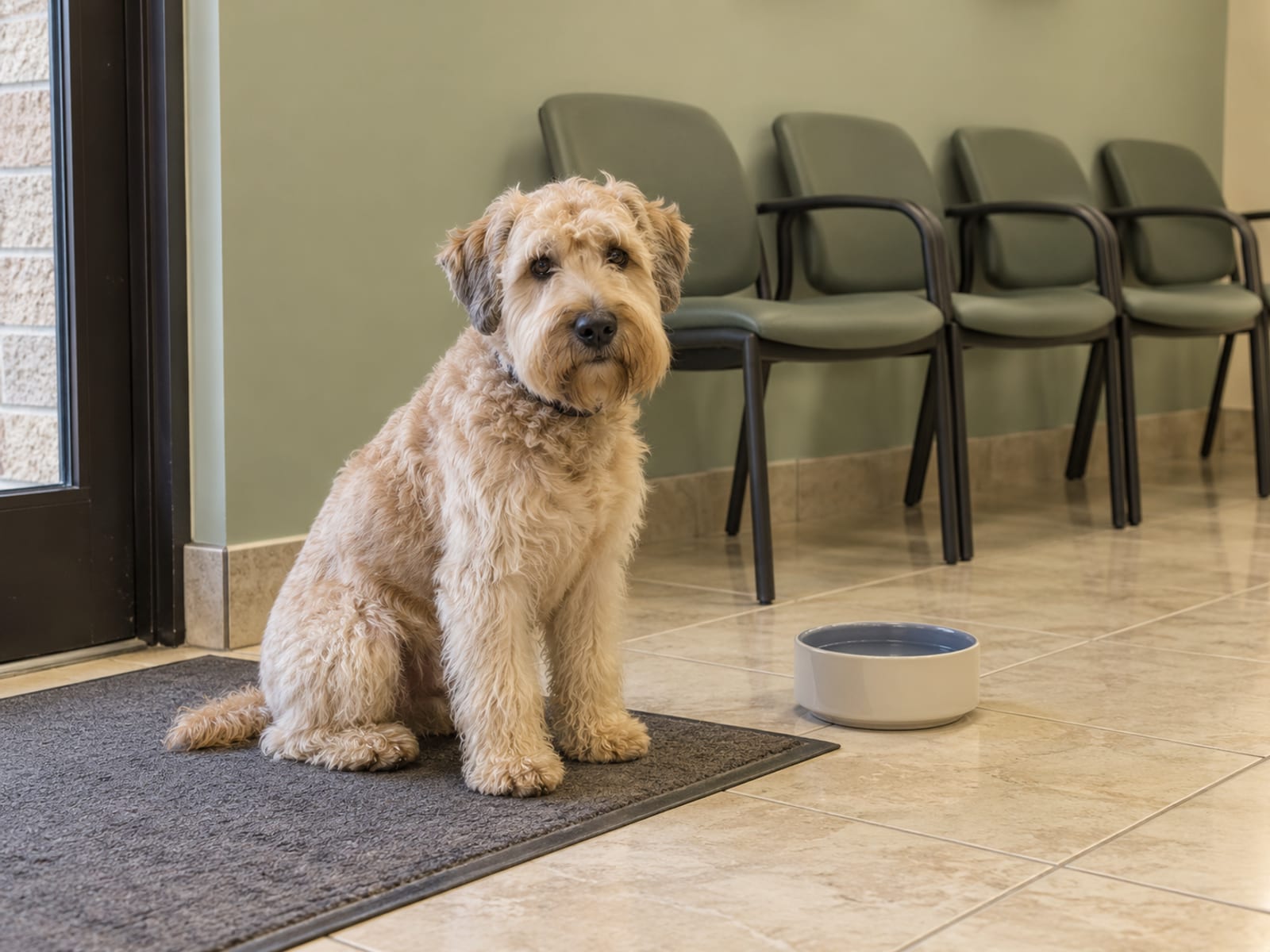 Calm wheaten terrier sitting on a mat by the door of an empty veterinary waiting area with chairs along a wall and a water bowl on the floor
