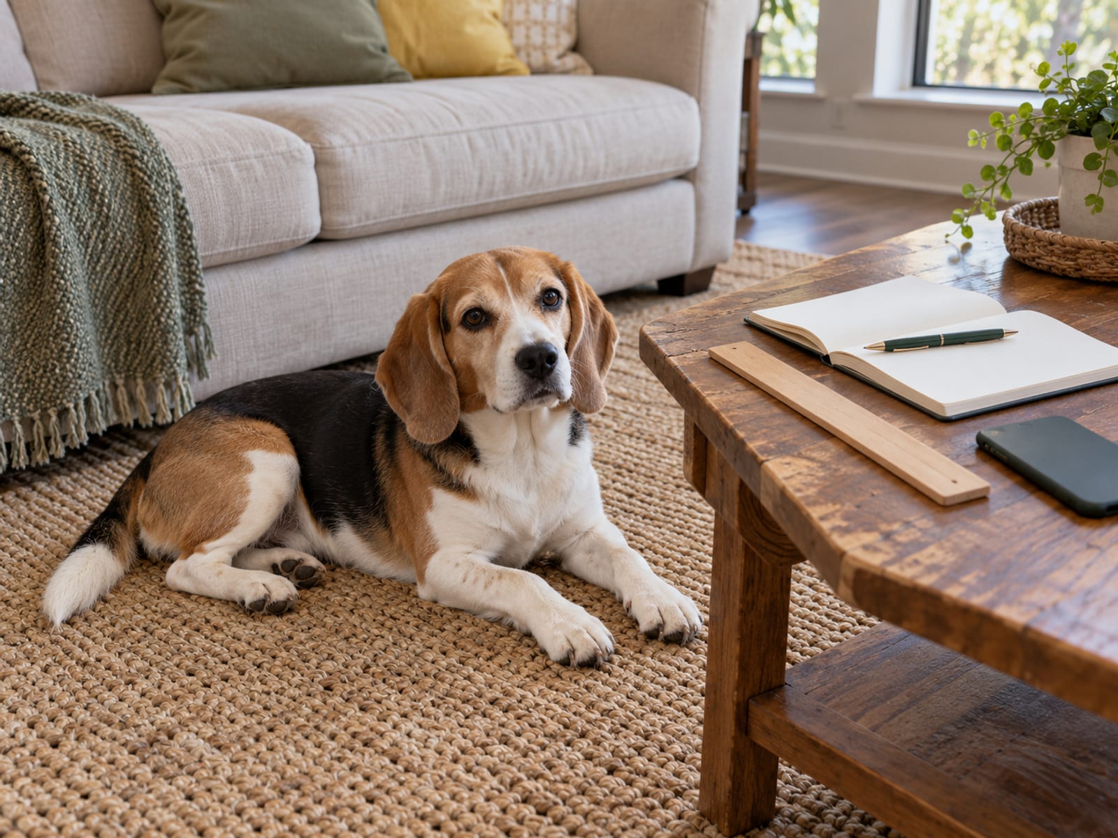 Beagle lying on the rug in front of a sofa beside a coffee table with a plain wooden ruler, a blank notebook with a pen and a phone face down