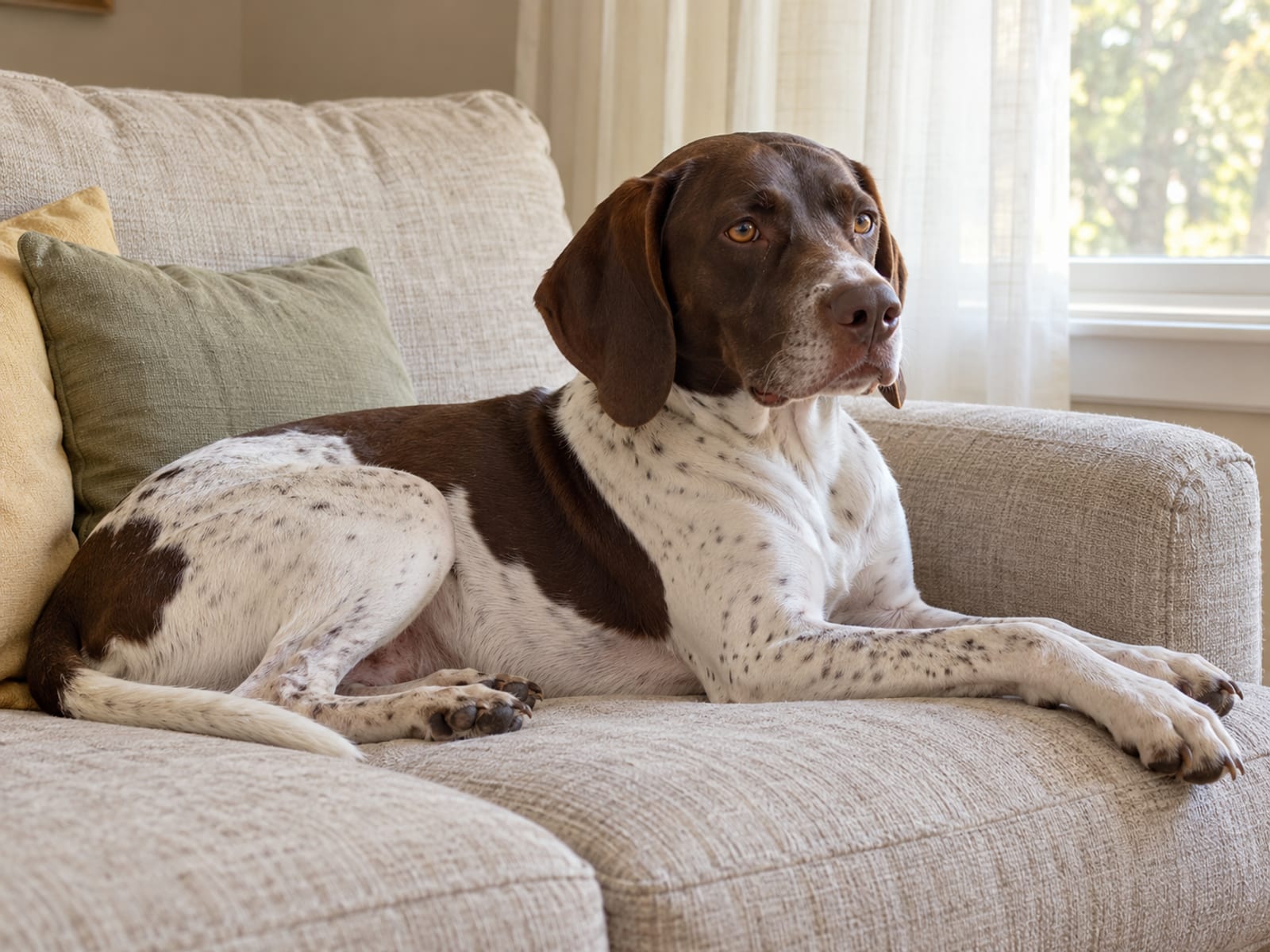 Short-haired pointer mix lying on a sofa in soft window light with its side and shoulder in clear view and a smooth coat