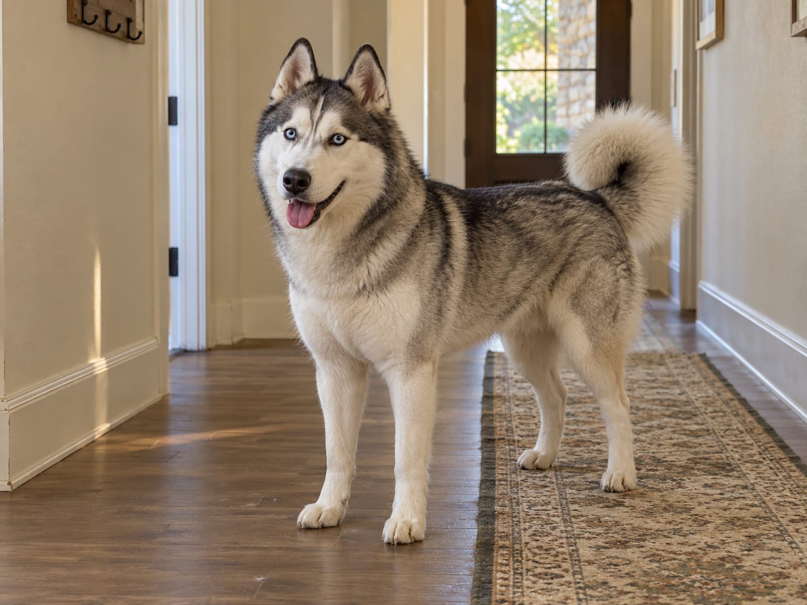 Siberian husky standing calmly in a wood-floored hallway with its head up and ears relaxed