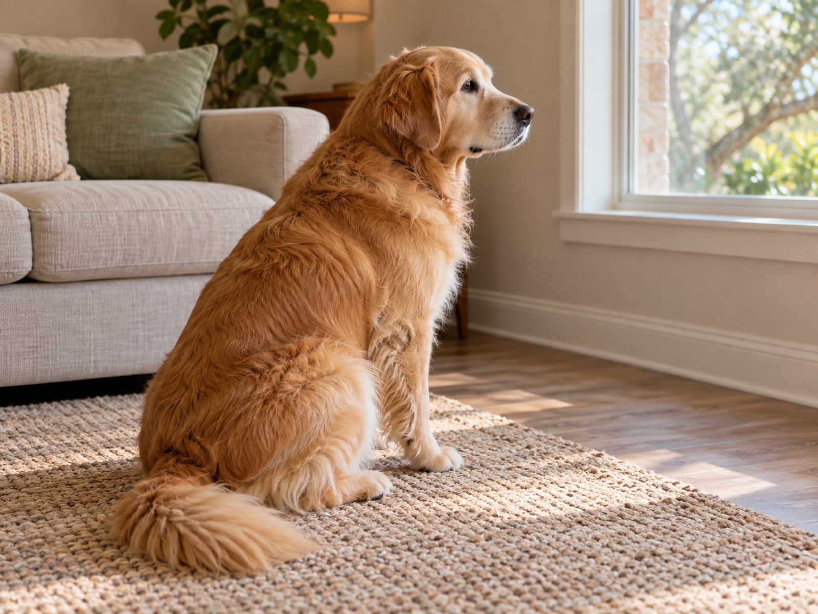 Golden retriever sitting on a living room rug with its head up, looking toward a window in soft daylight