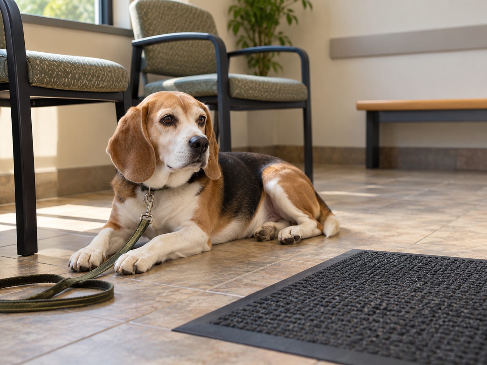 Beagle lying on the floor beside a plain chair in an empty veterinary waiting room with a slack leash on the tile