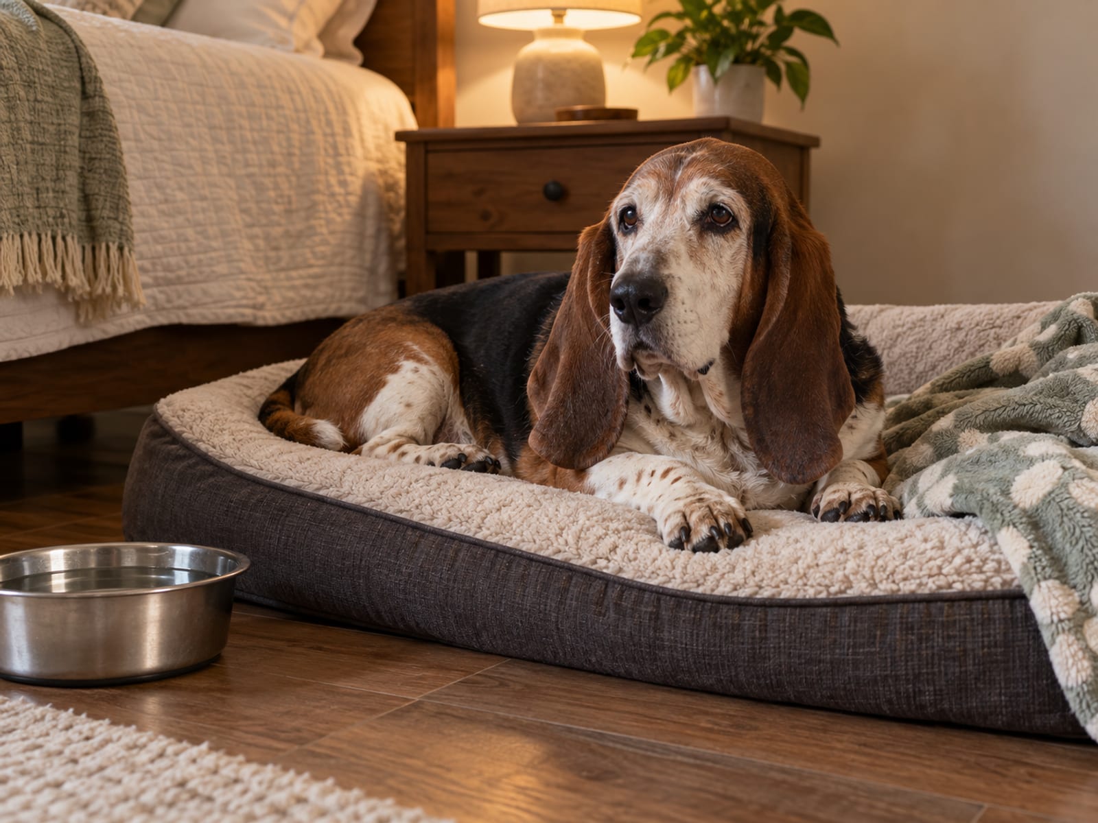 Gray-muzzled basset hound resting on a thick orthopedic bed beside a low water bowl and soft blanket in a quiet bedroom