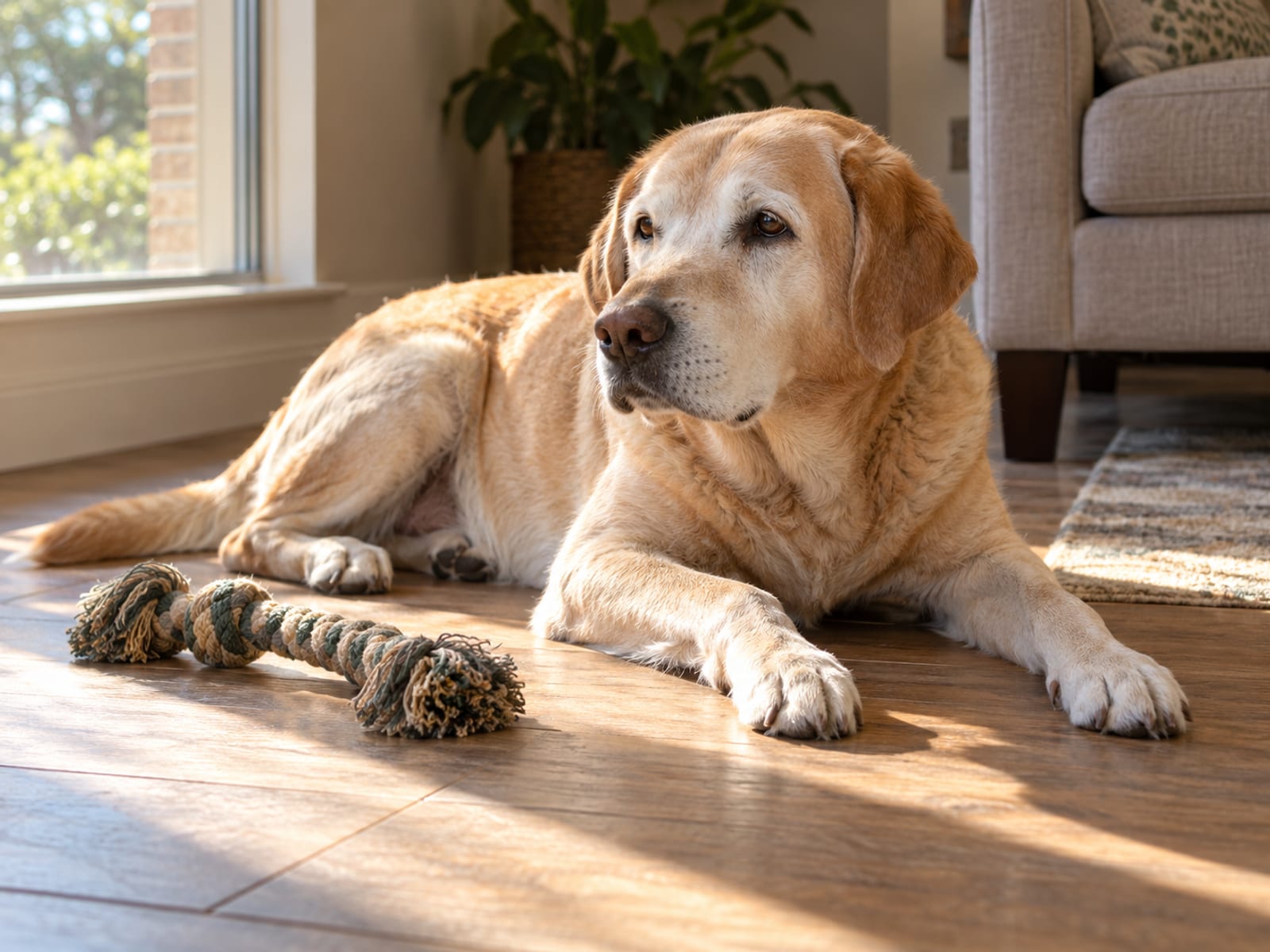 Senior Labrador retriever lying on a sunny patch of living room floor with a rope toy beside it