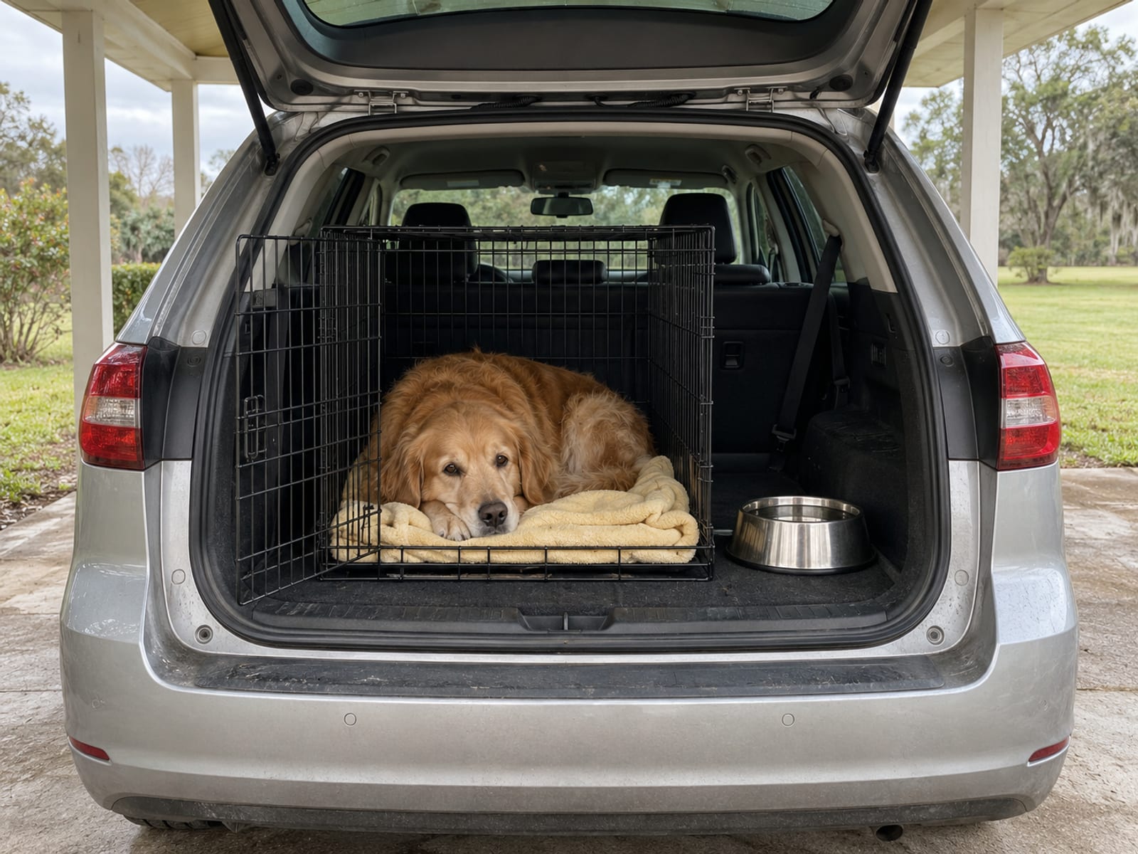 Golden retriever recostado tranquilamente en una jaula de alambre abierta y forrada con una manta, en la parte trasera de una camioneta familiar estacionada bajo una cochera techada, con un plato de agua lleno a su lado