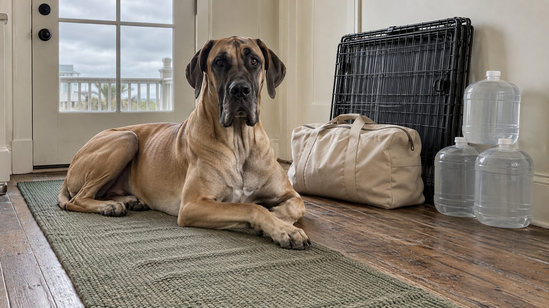 Fawn Great Dane lying calmly on a wood floor inside the front door of a raised coastal house beside a packed duffel bag, a folded wire crate and stacked water jugs