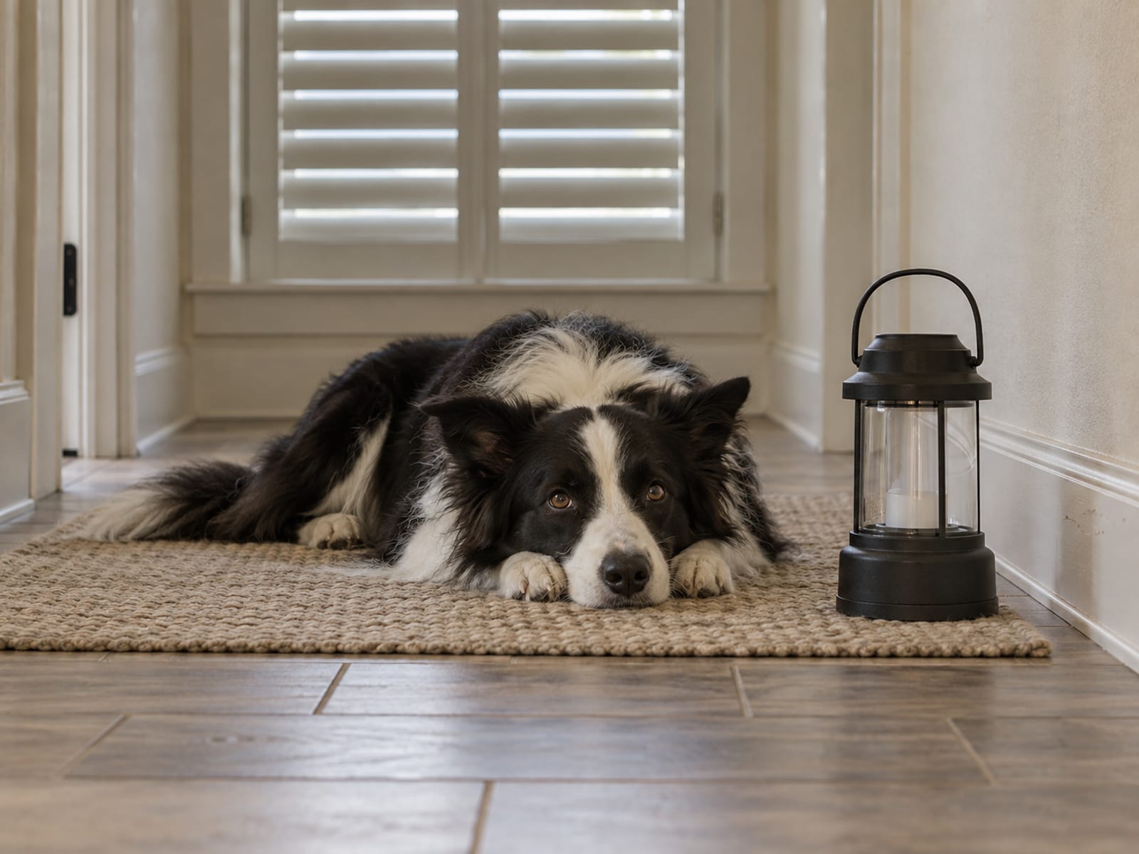 Border collie blanco y negro recostado sobre un tapete tejido en un pasillo tranquilo junto a una lámpara de baterías, con una ventana de contraventanas sencillas y cerradas al fondo