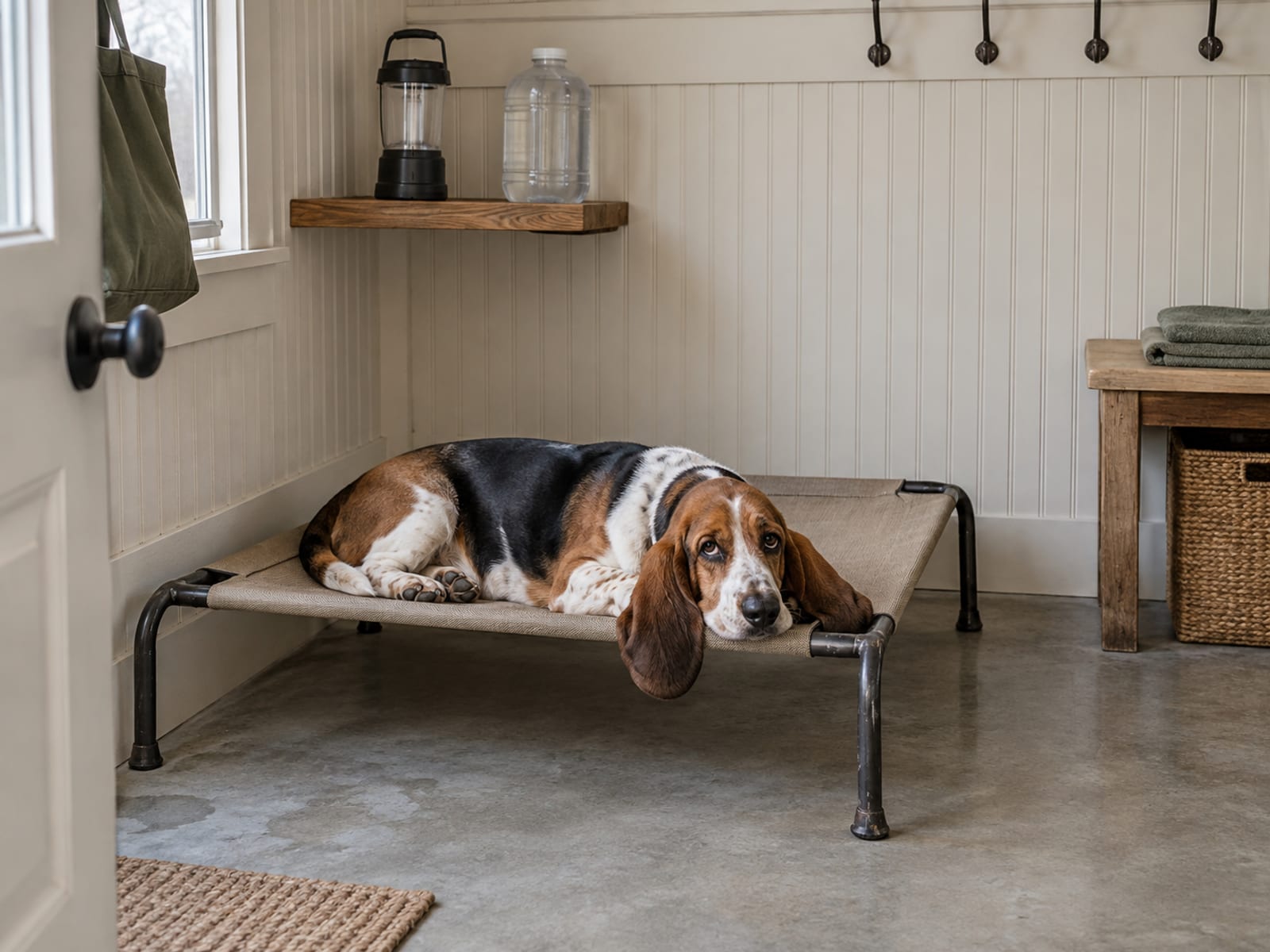 Basset hound tricolor recostado sobre una cama elevada de malla en un recibidor ordenado, con una lámpara de baterías y un garrafón de agua en un estante cercano